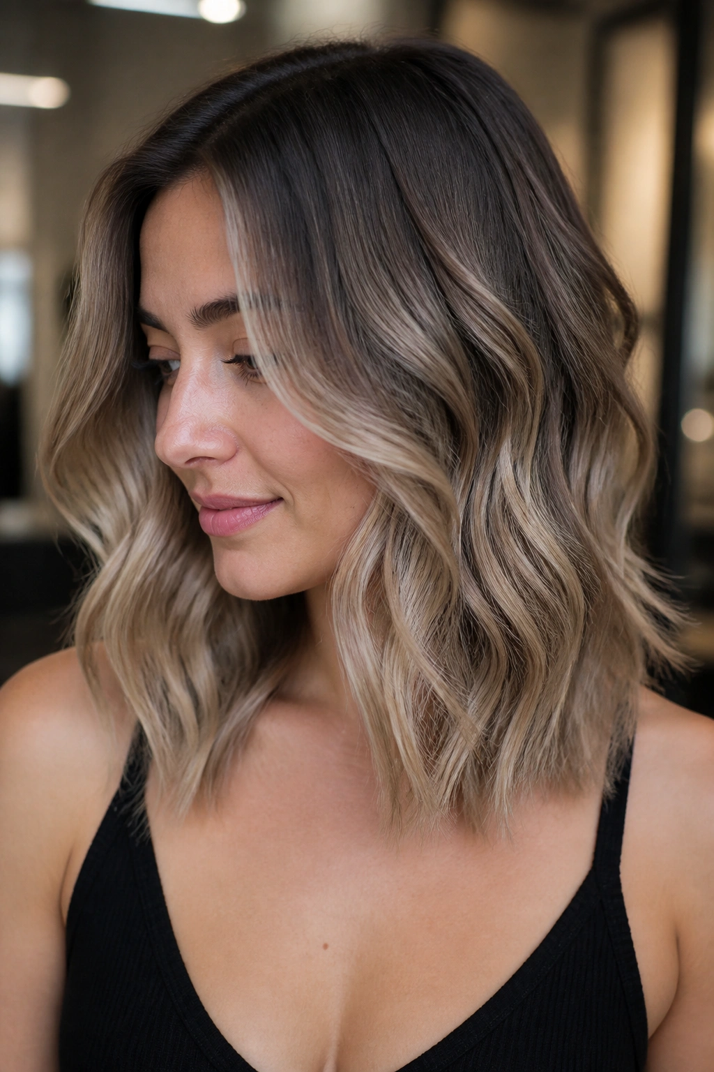 Portrait of a real woman with smoky beige balayage ombre on medium-length hair