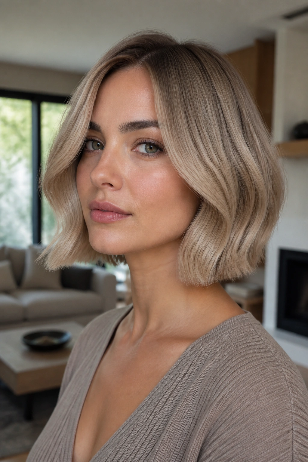 Close-up of a real woman with smoky beige blonde in a blunt bob.