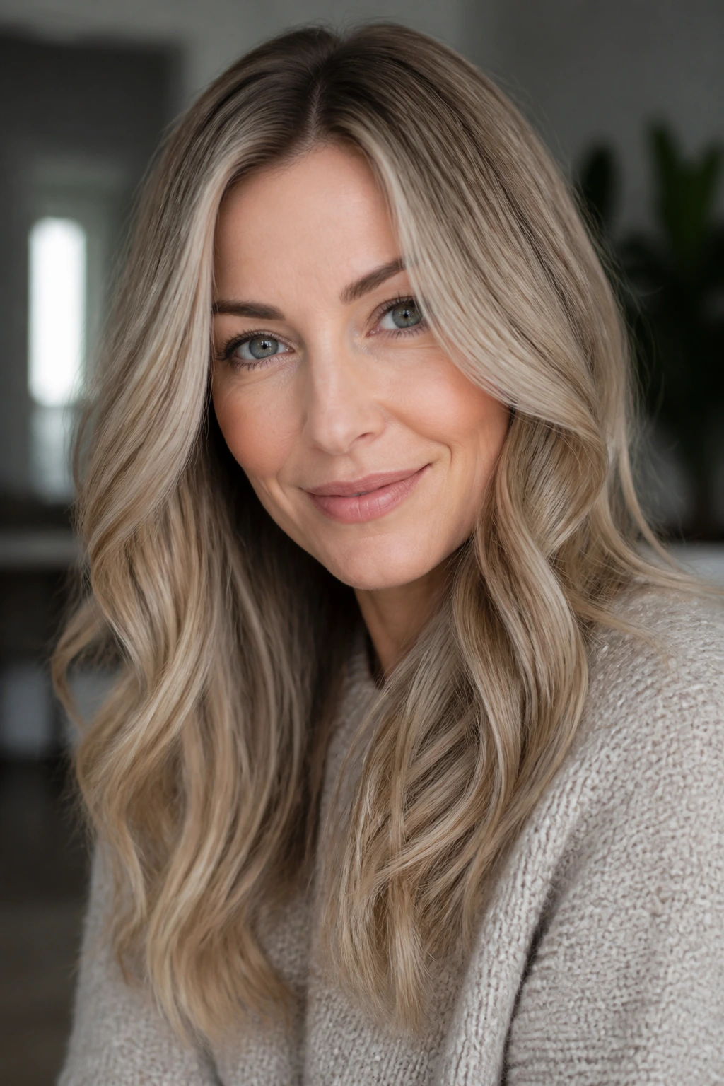Real woman with smoky beige blonde hair in soft light