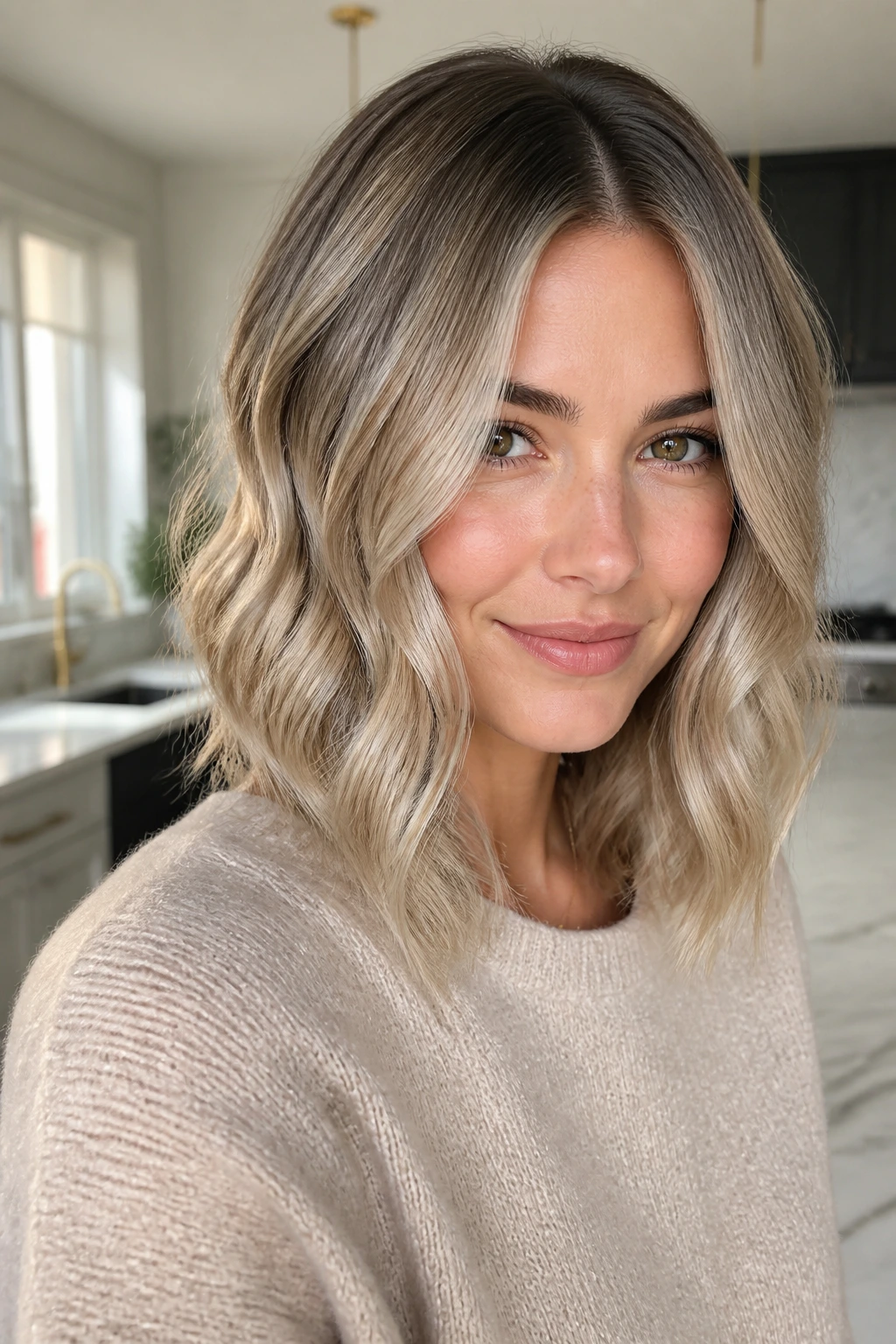 Close-up portrait of a real person with smoky beige blonde hair and a soft root in bright kitchen light