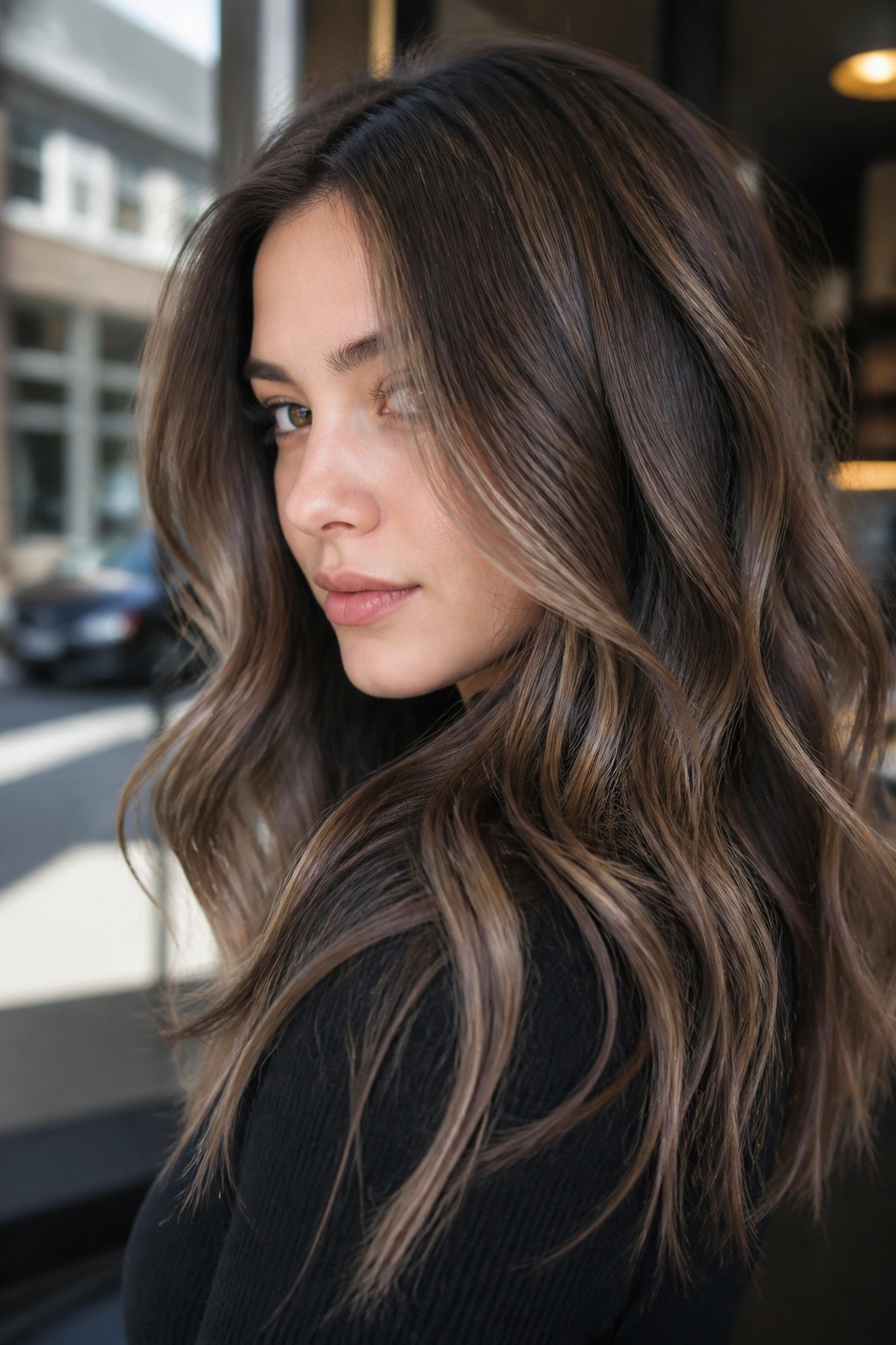 Close-up of cool brunette hair with smoky beige highlights