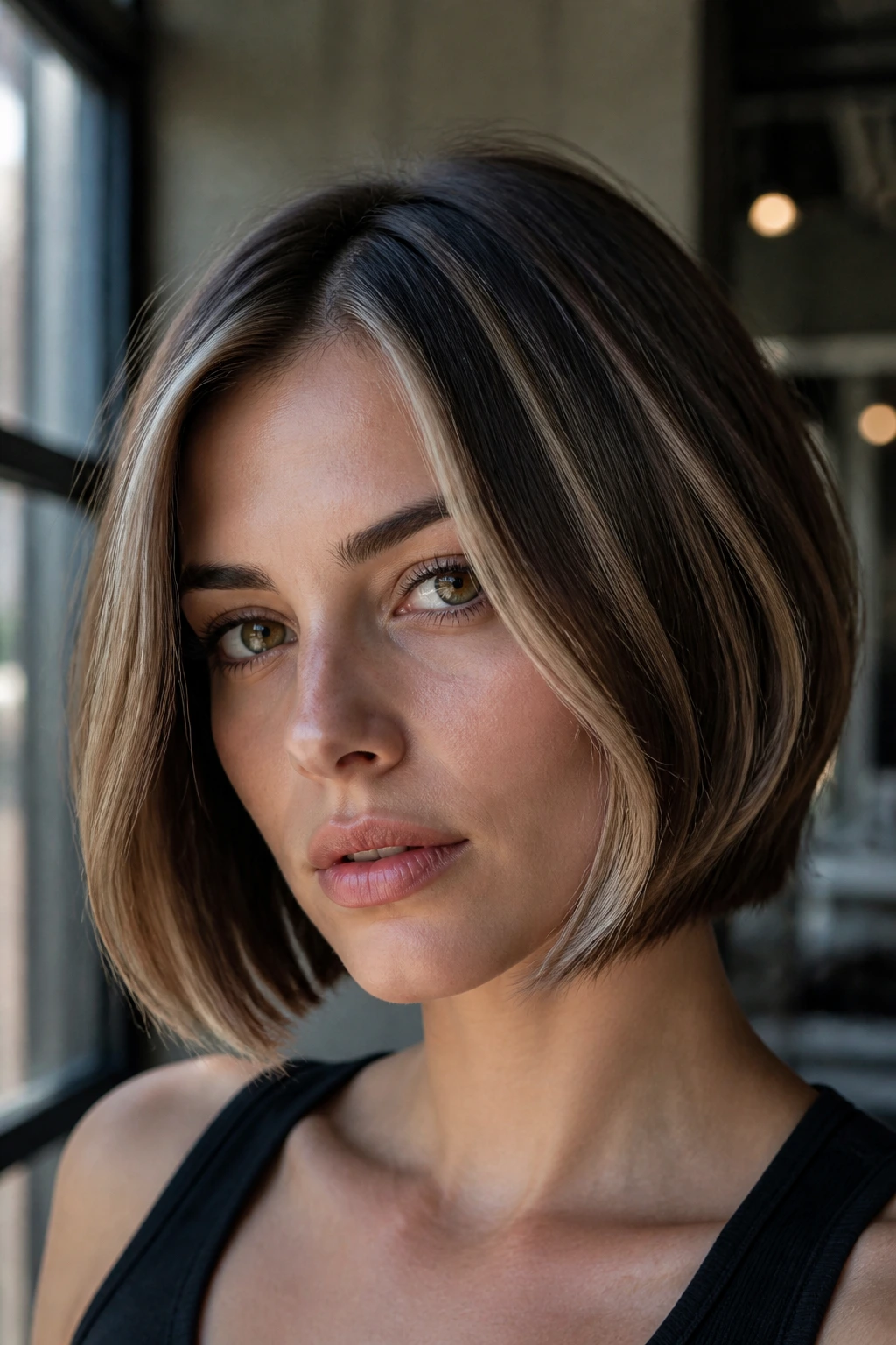 Real person with chin-length bob and smoky beige streaks