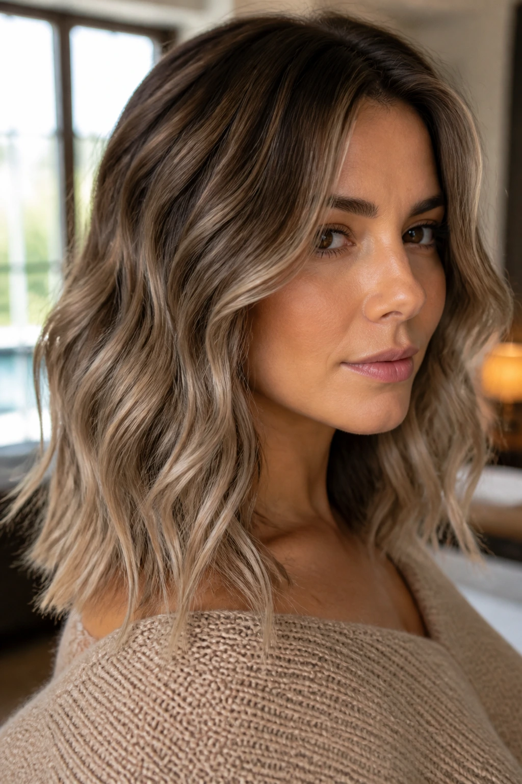Close-up of a woman with smoky beige ombré balayage on shoulder-length waves.