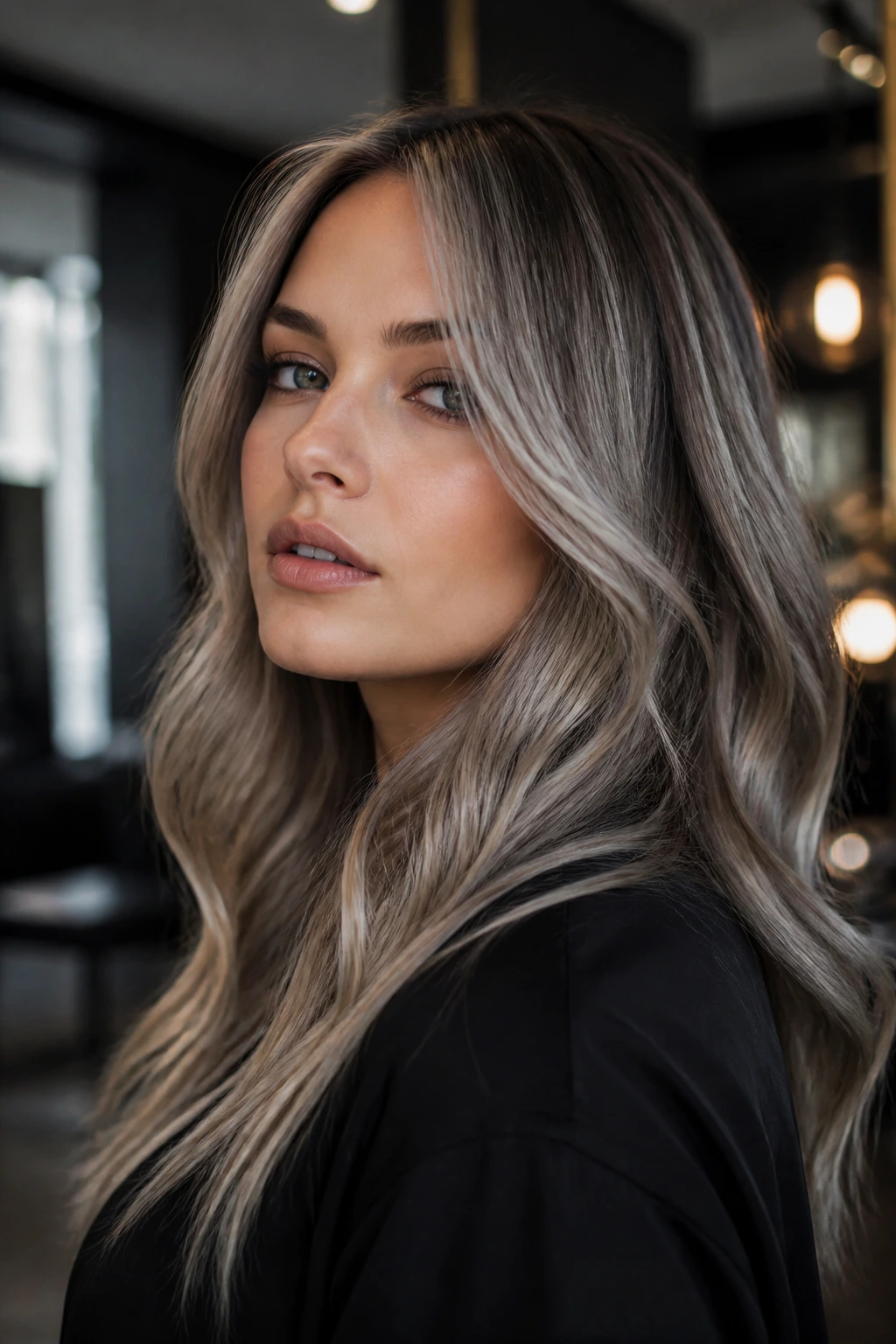 Close-up portrait of a real person with smoky blonde hair in moody lighting