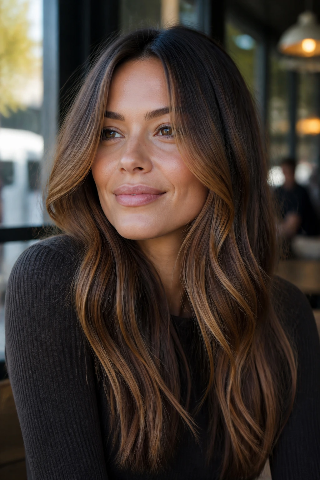 Close-up of real woman's hair with smoky brown base and warm caramel veils