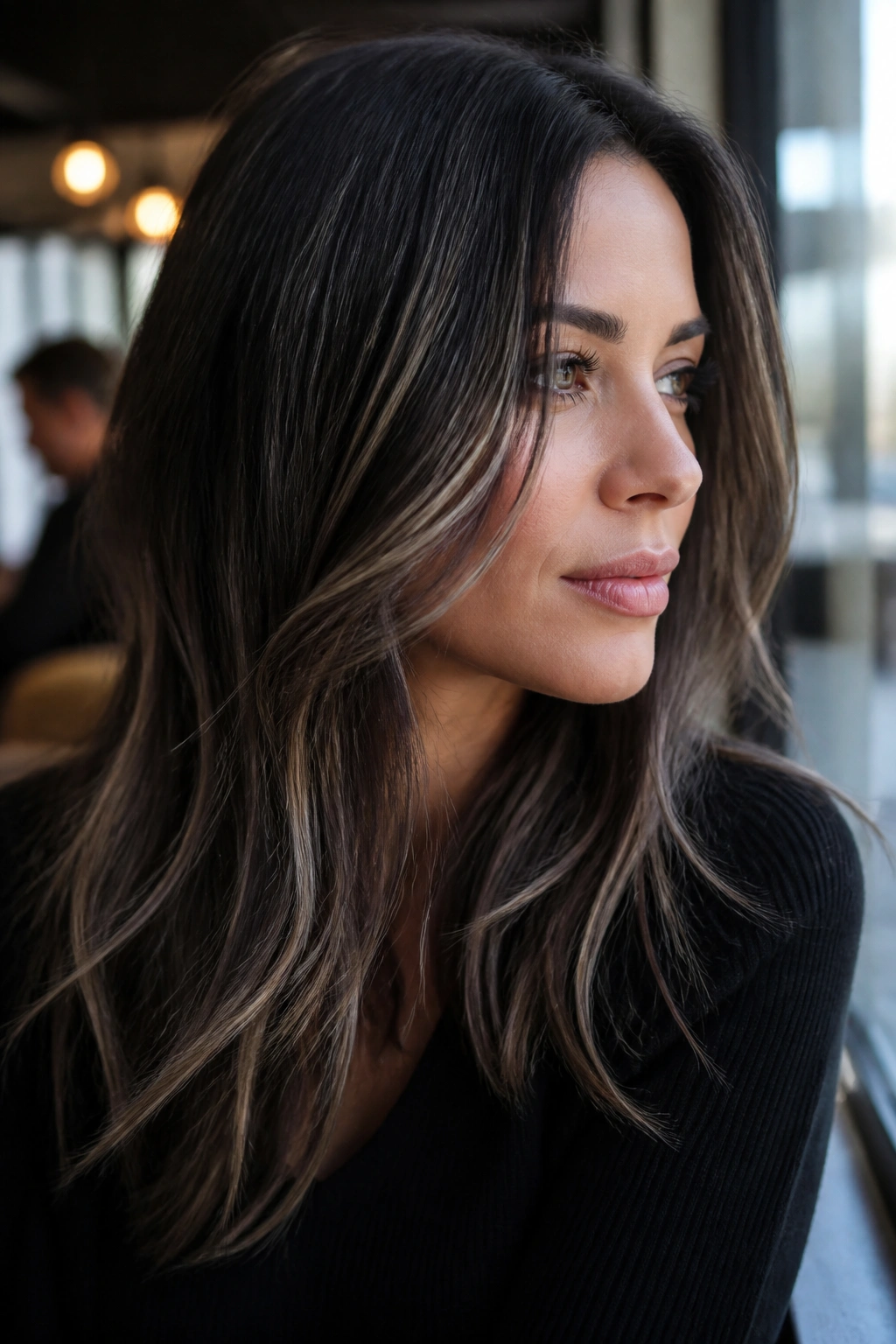 Close-up portrait of a real woman with smoky brunette hair and ash ribbons