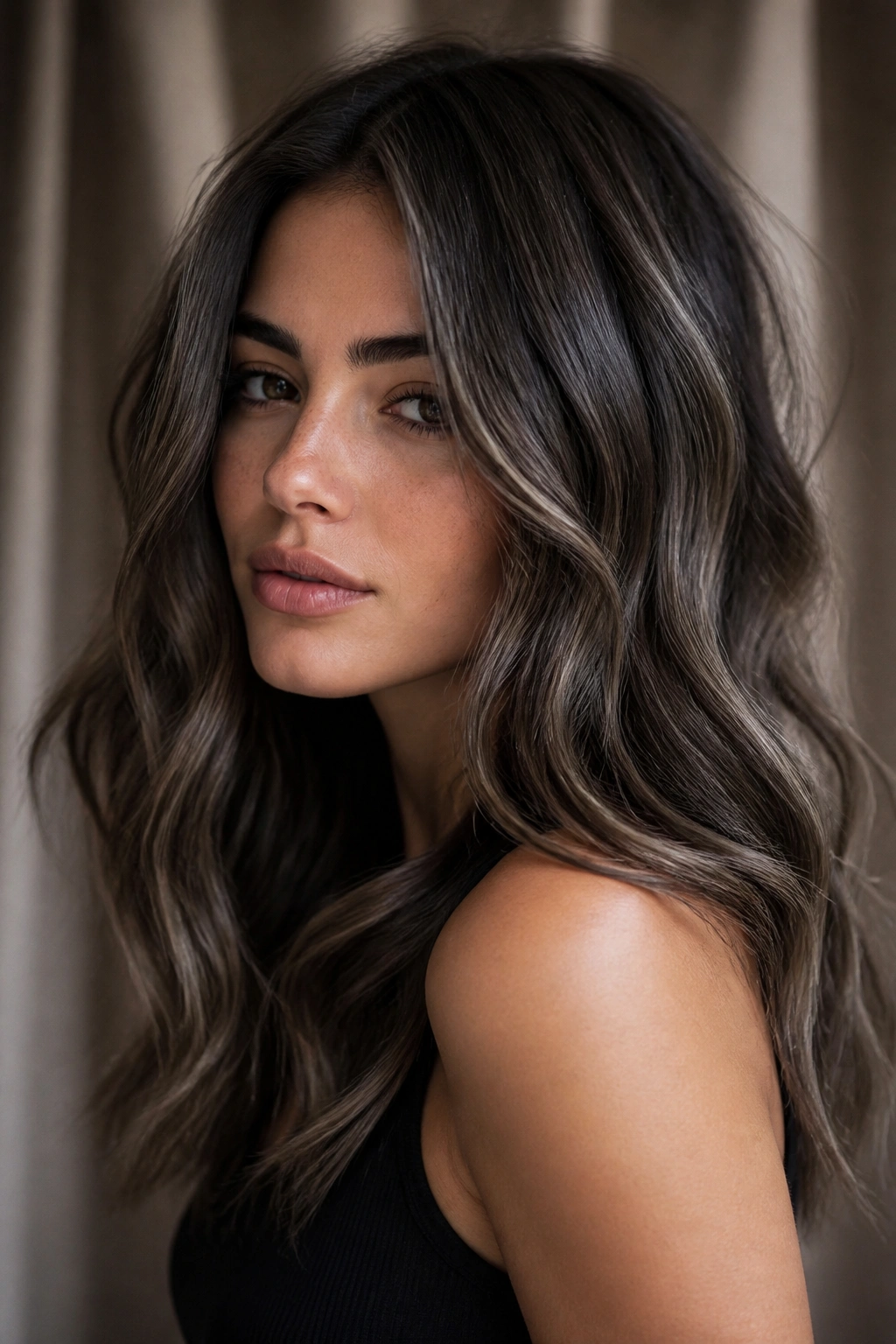 Real woman wearing smoky brunette with ash veils on wavy hair under soft light
