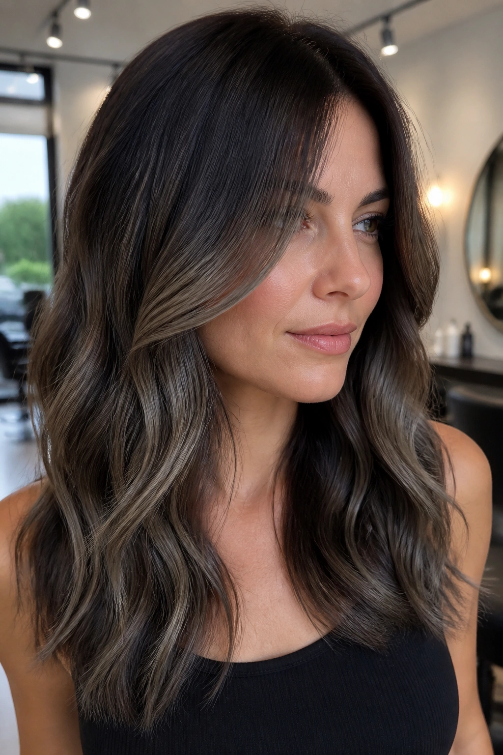 Close-up portrait of smoky brunette balayage with graphite and ash tones