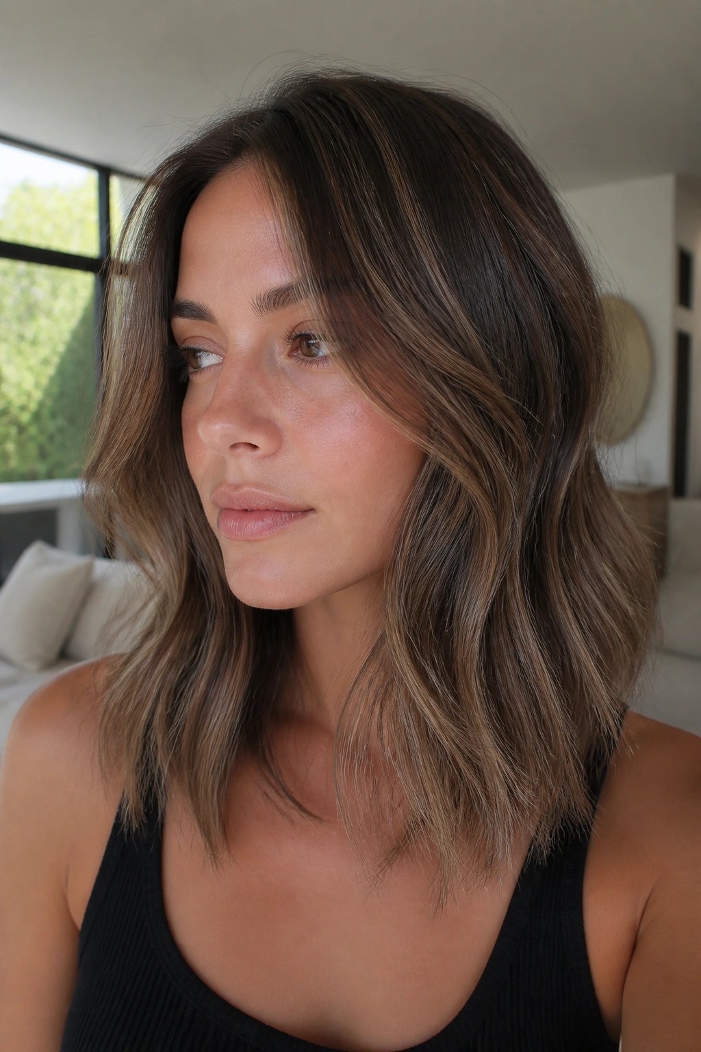 Close-up of smoky brunette hair with cool beige highlights on a real person.