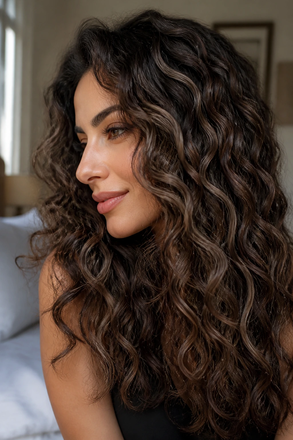 Close-up of a real woman with smoky brunette contour lights highlighting curl pattern in dark brown hair