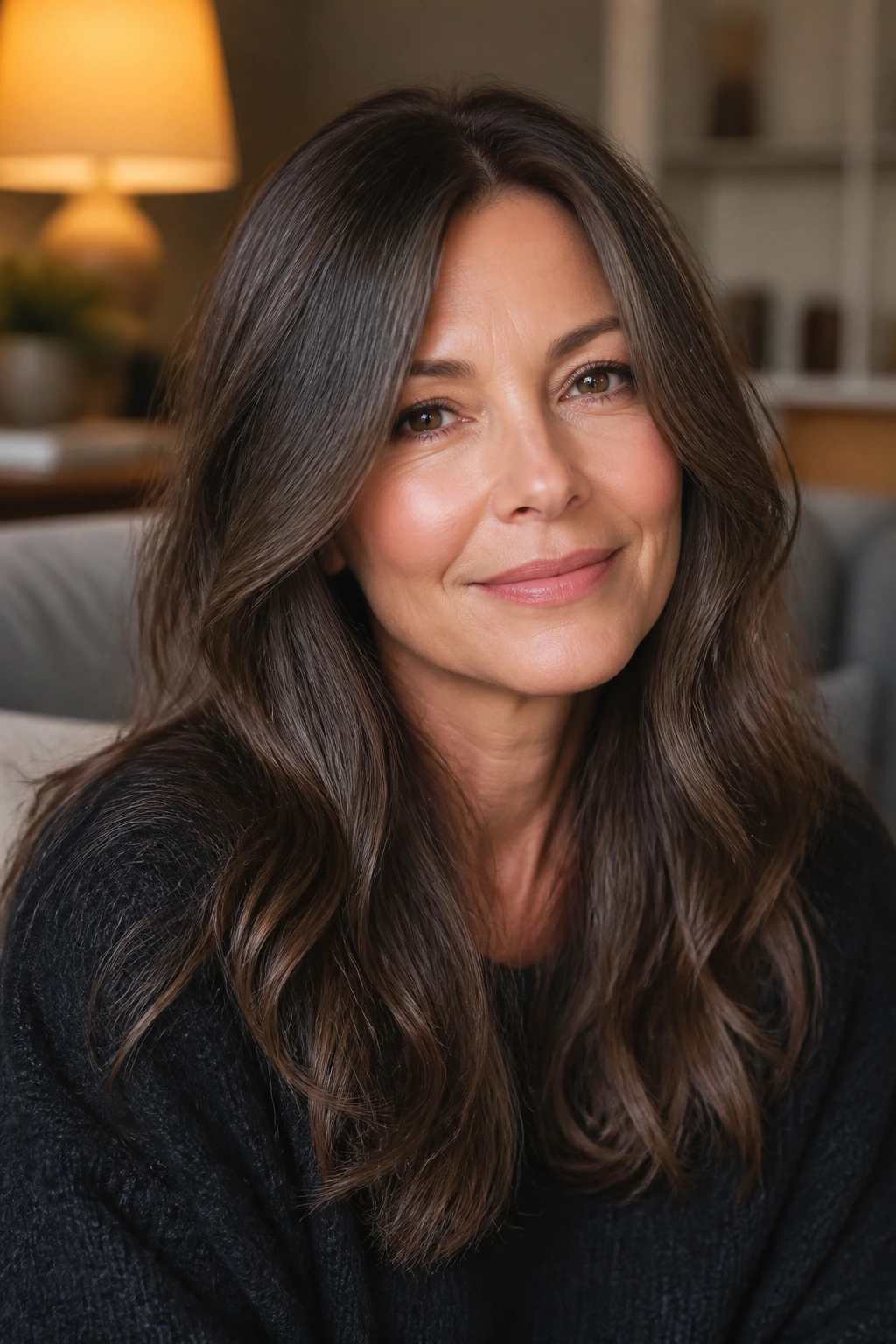 Close-up of a real woman with smoky brunette glossy hair, even cool-toned finish