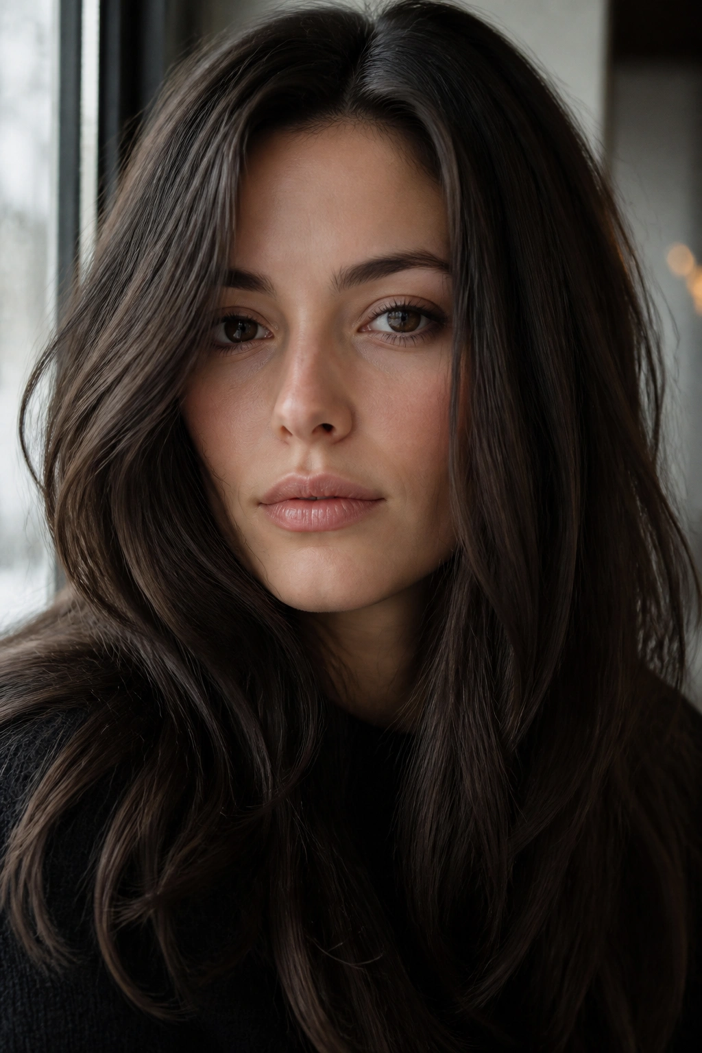 Close-up smoky brunette hair with cool edge