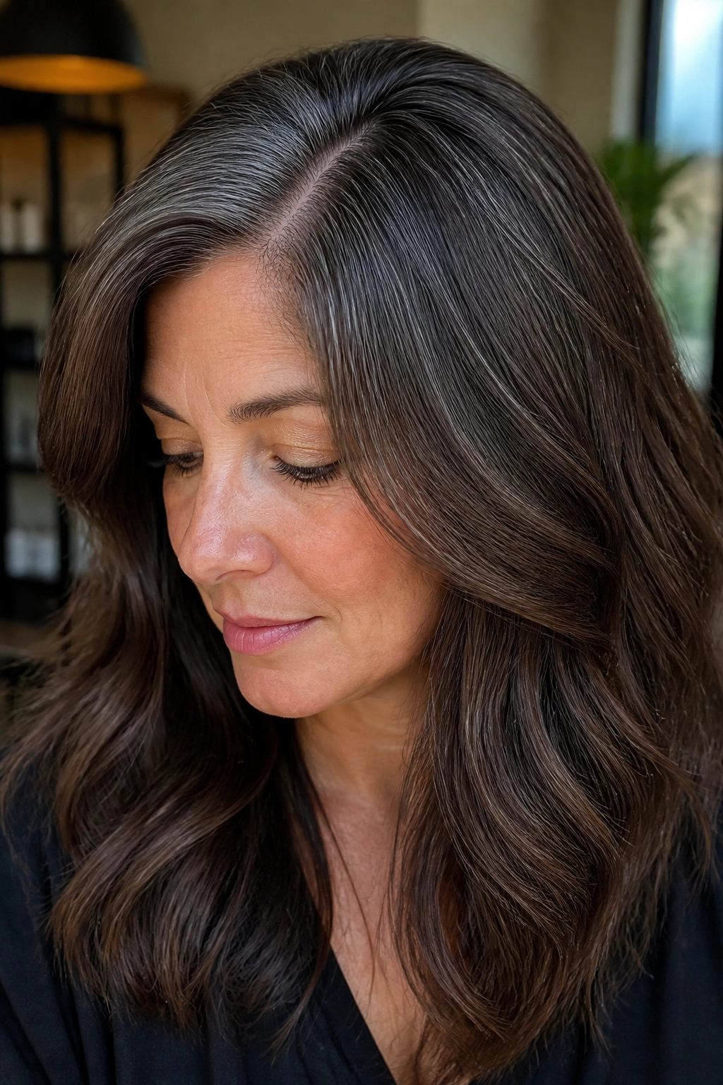 Close-up of a real woman with smoky brunette lowlights adding depth to dense grey hair.
