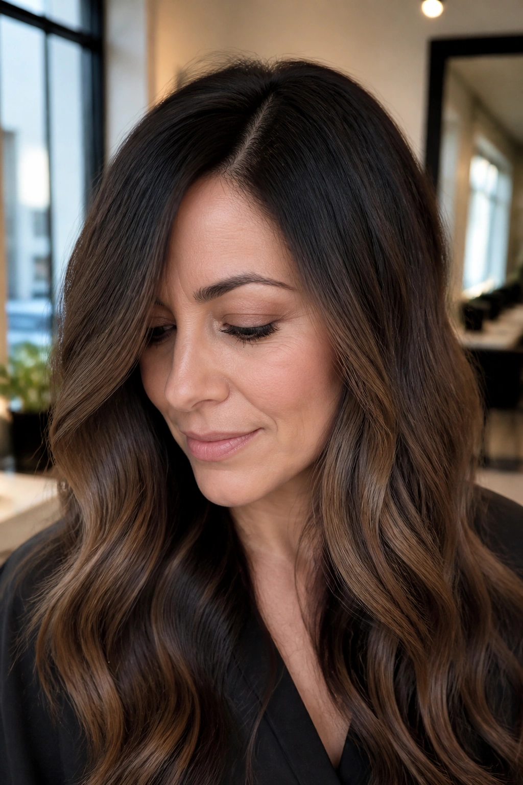 Close-up of a woman showing a smoky brunette melt with a dark-to-light root gradient