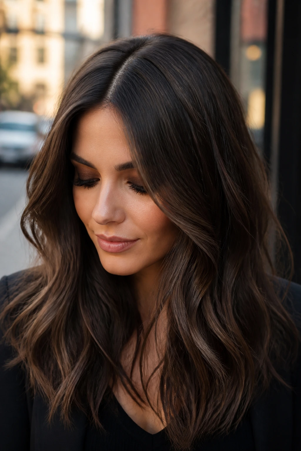 Close-up of a real woman with smoky brunette hair and micro-lights