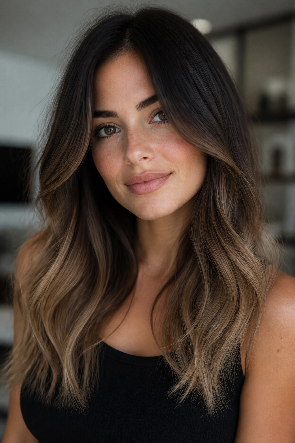 Close-up of real woman with smoky brunette to mushroom beige ends