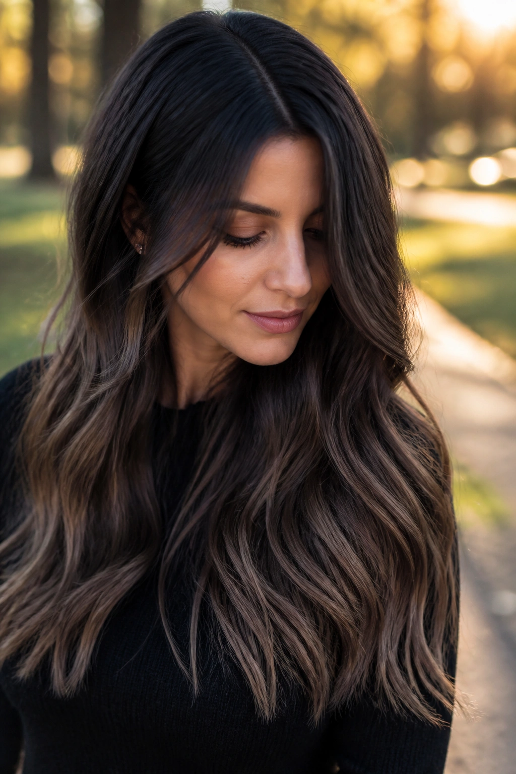 Close-up of a real woman's hair in smoky brunette ombré transitioning to taupe ends