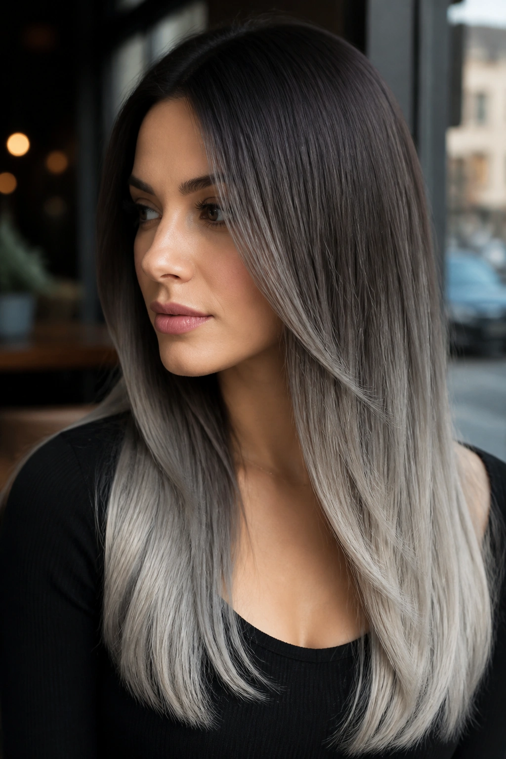 Close-up of a real woman with smoky brunette to silver melt, silver ends and charcoal mids