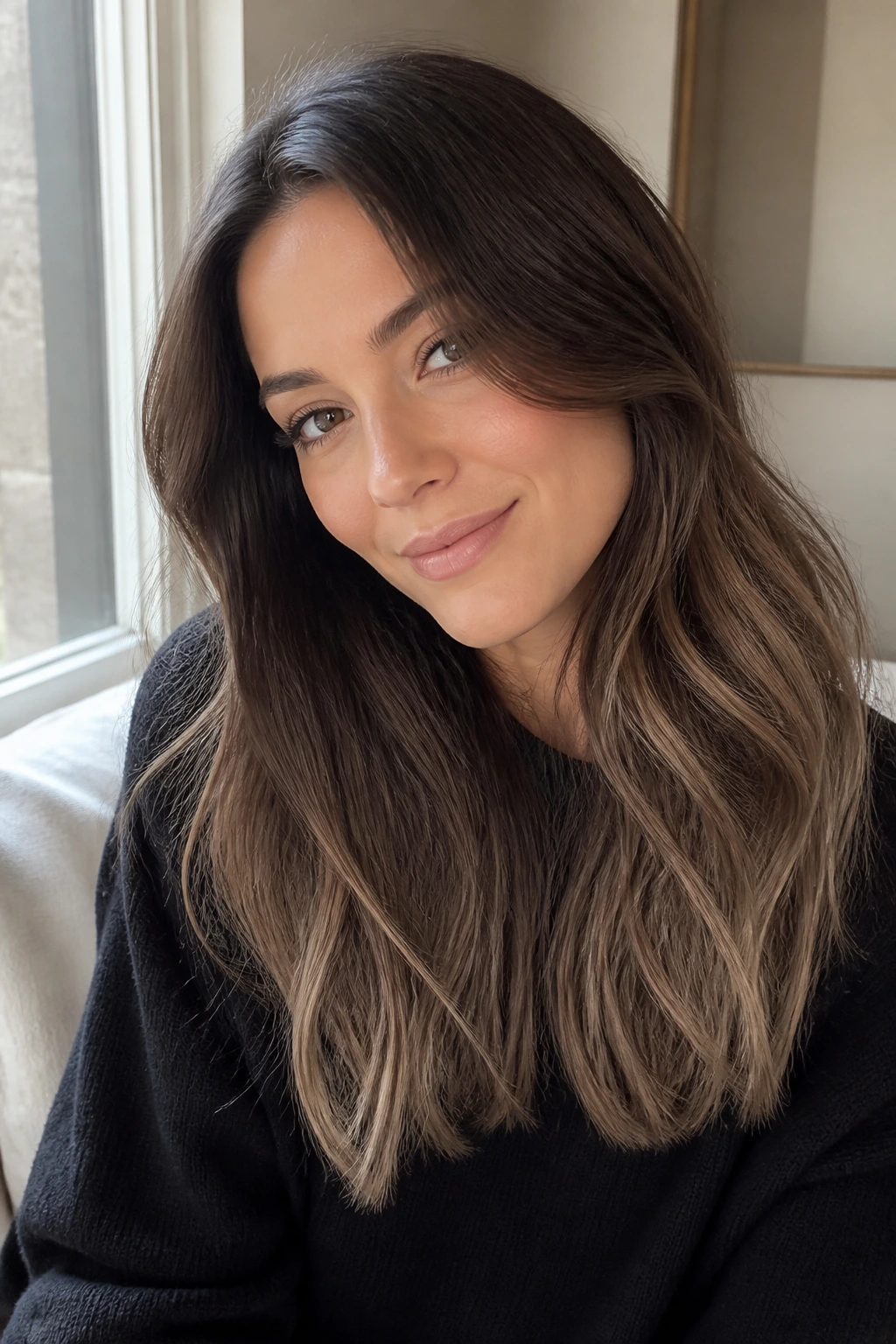 Portrait of brunette with smoky cool taupe ends