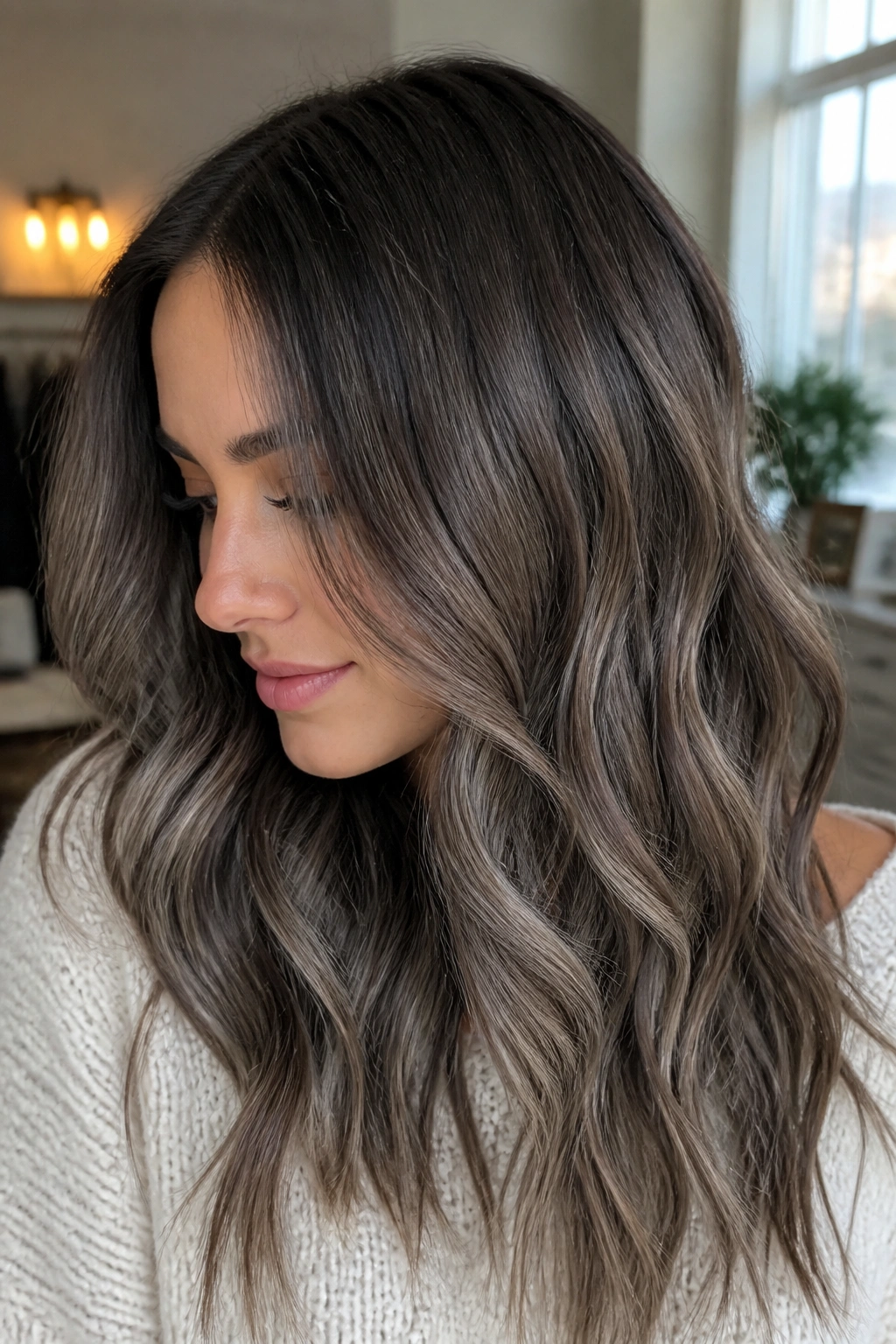 Close-up of ash brunette with smoky caramel balayage.