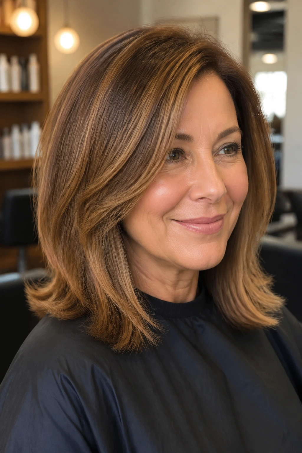 Close-up portrait of a real woman with Smoky Caramel for Medium Hair under warm salon lighting.