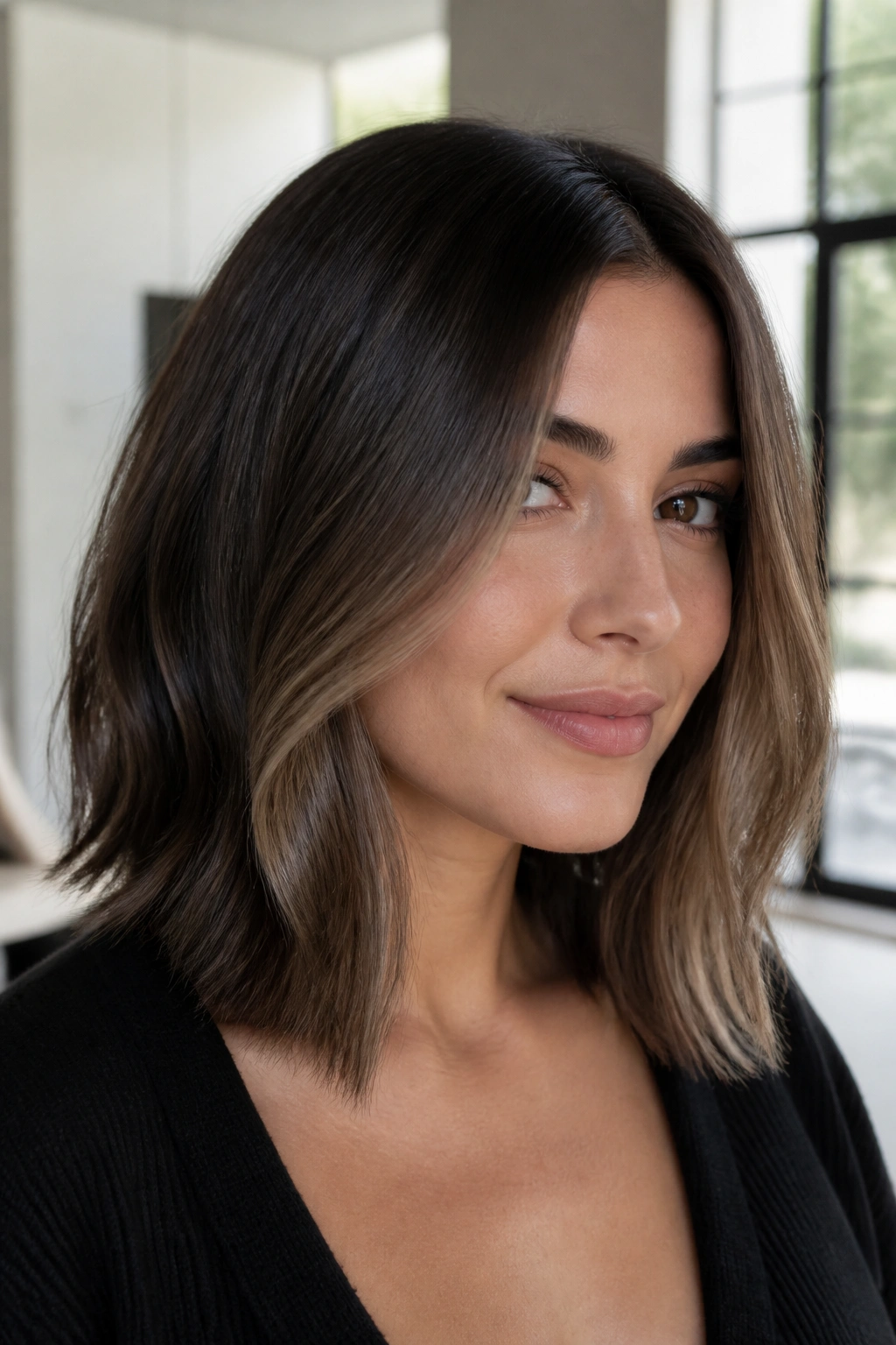 Portrait of a woman with smoky cocoa face-framing lob in deep brown with lighter front pieces in natural light.