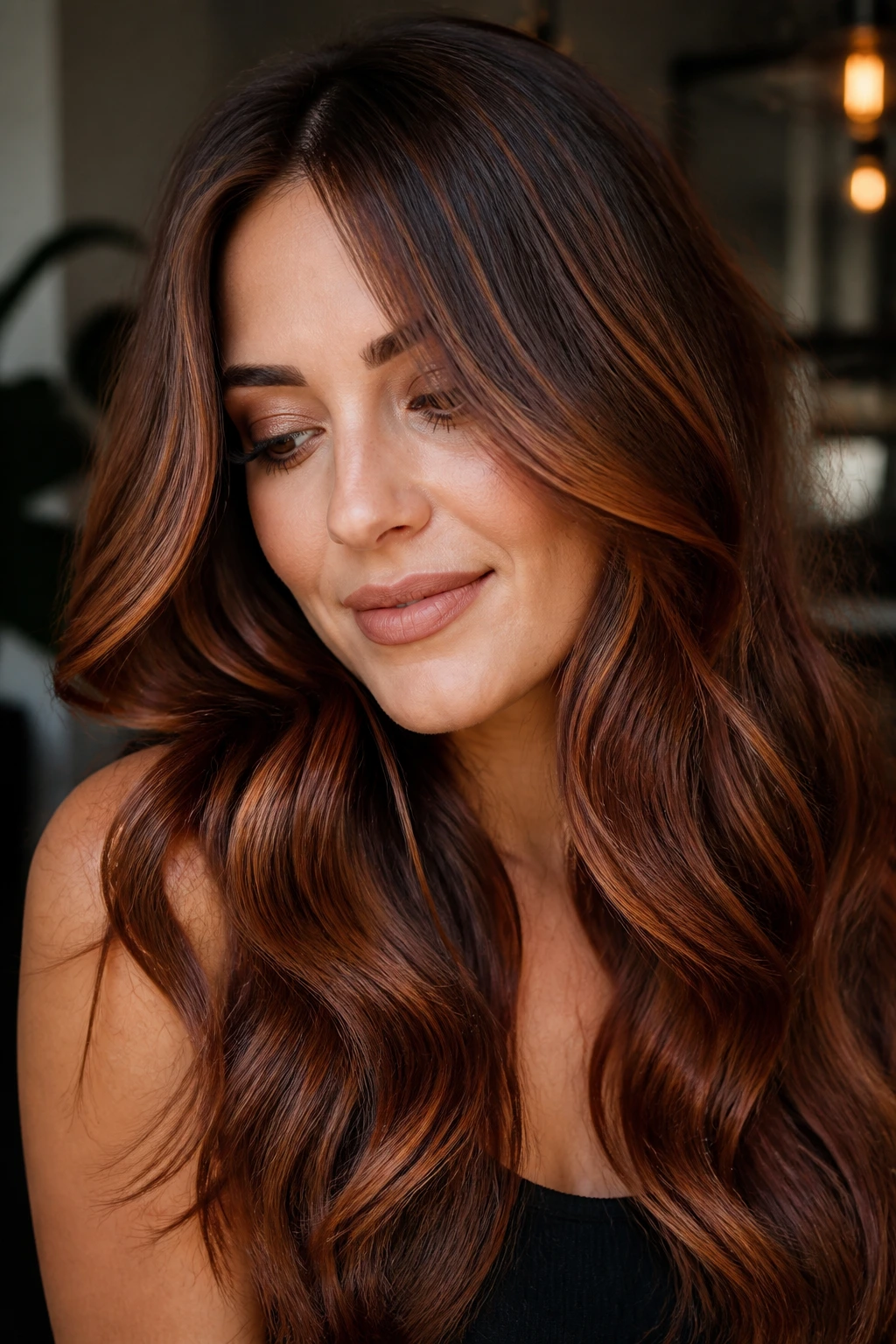 Close-up of a real woman with brunette base and smoky copper accents