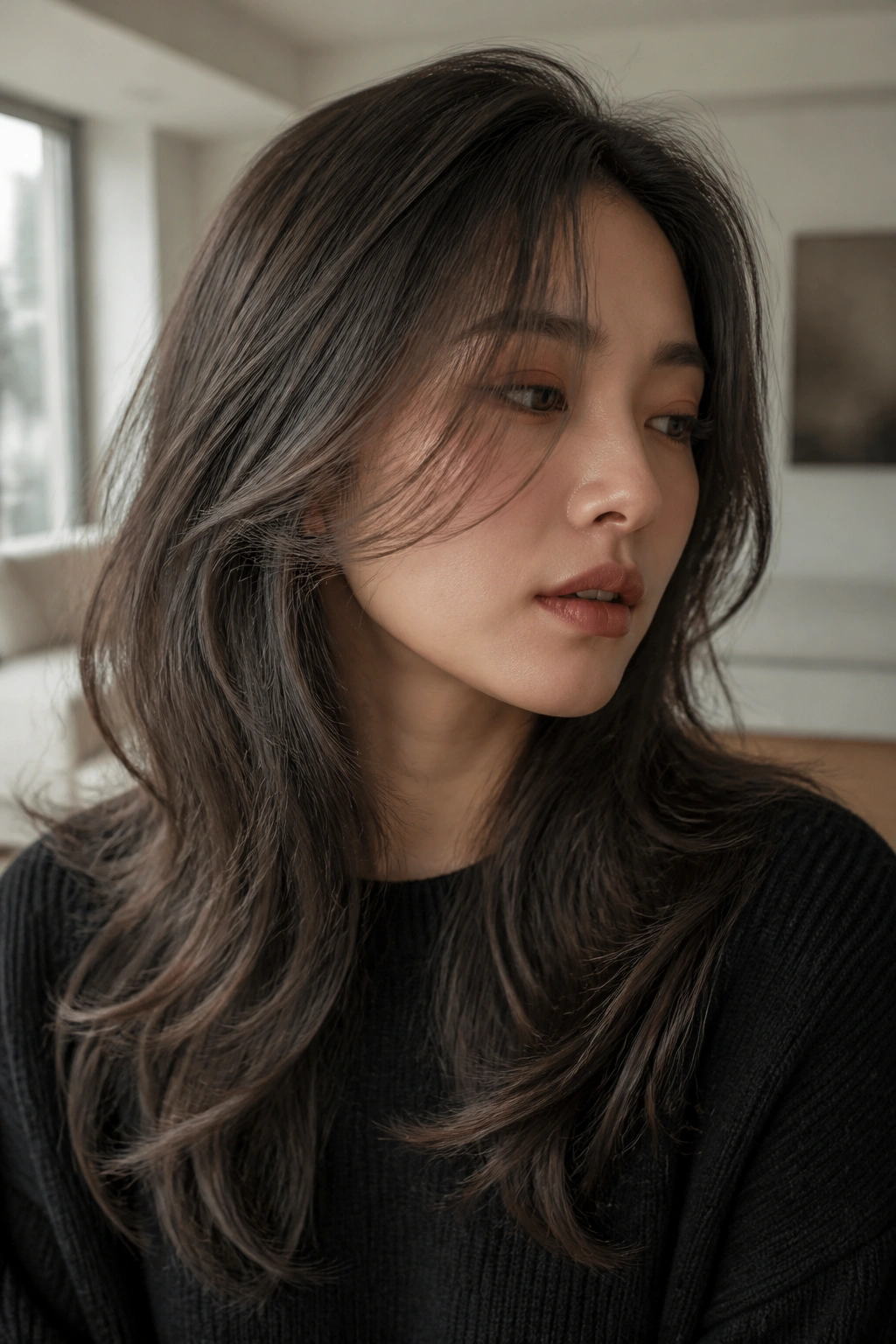 Close-up portrait of a real woman with smoky gray brown hair