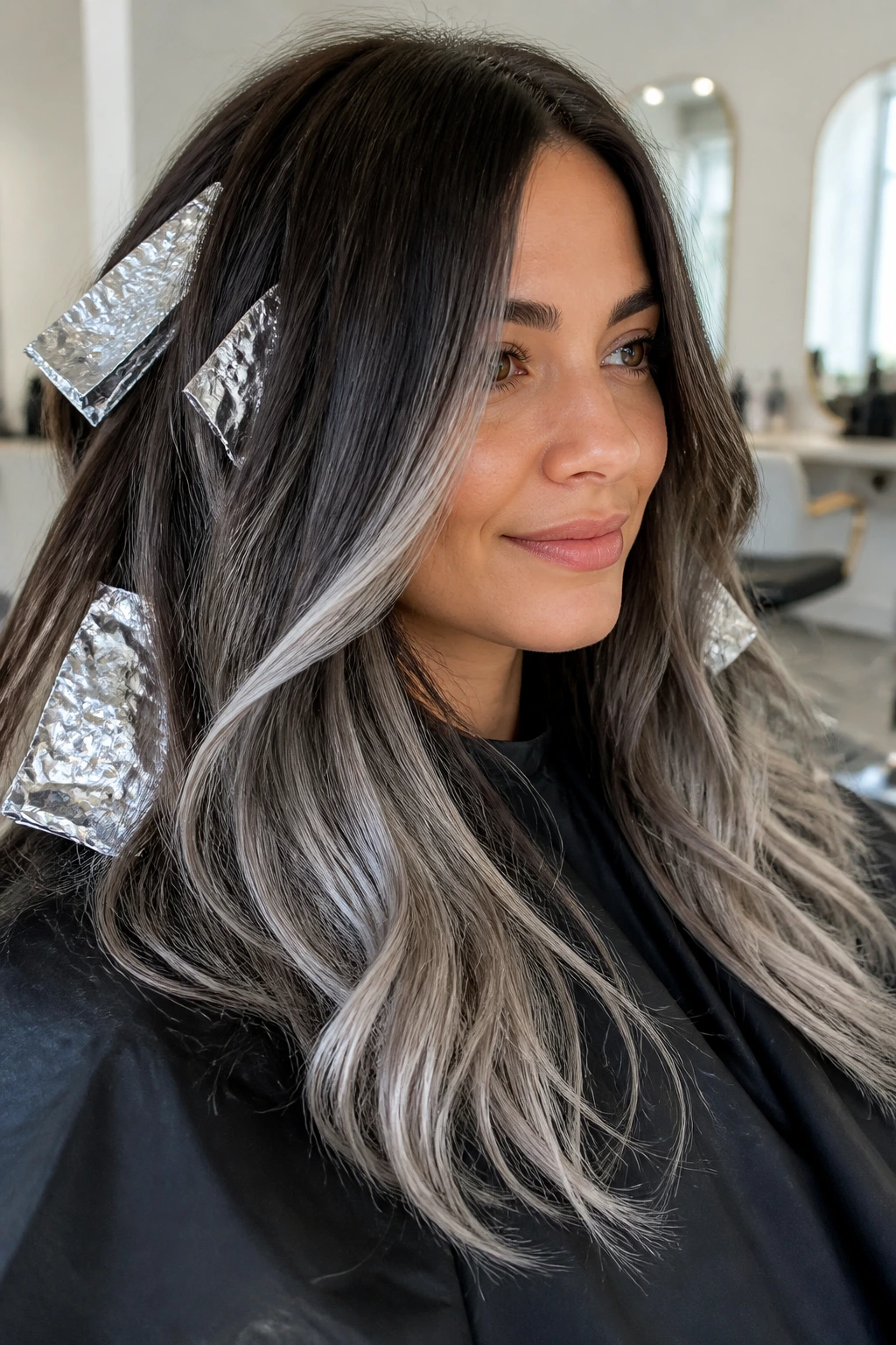 Real person with smoky grey foilyage on dark brown hair