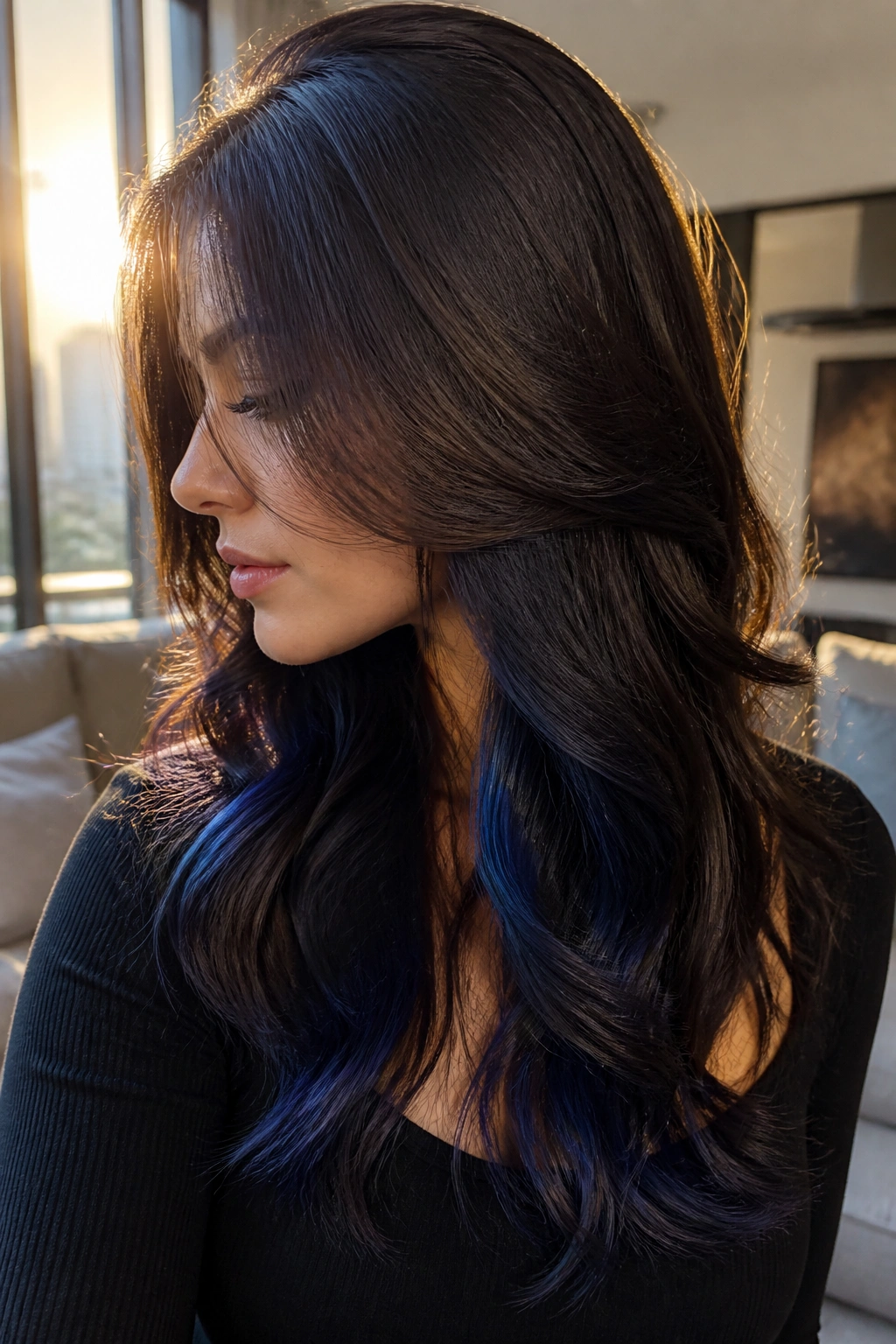 Close-up of brunette hair with smoky indigo underlights visible in movement.