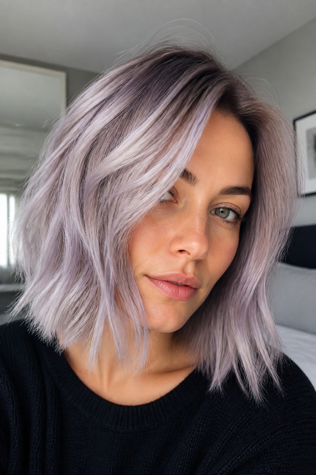 Close-up portrait of smoky lilac hair on a real person in a cool-toned room