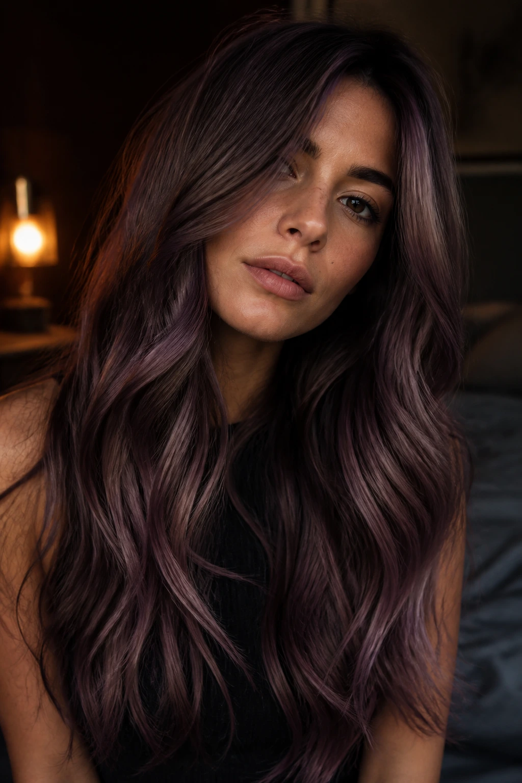 Close-up of a real woman with smoky lilac over brown hair in moody lighting