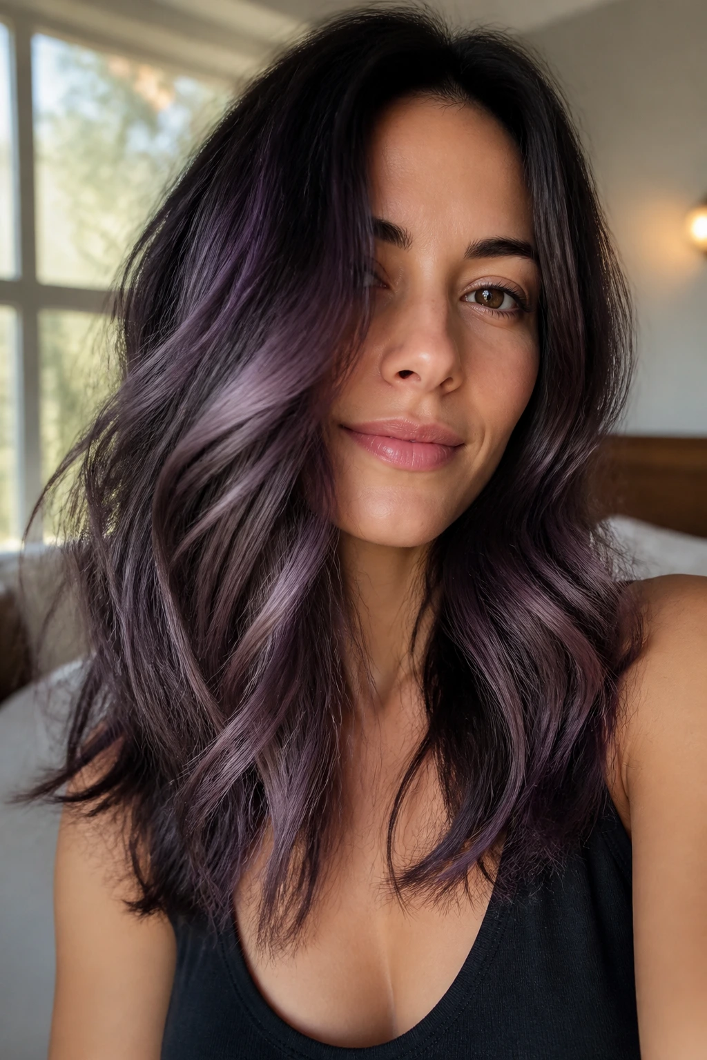 Close-up of brunette with smoky lilac glaze on lightened panels under natural window light