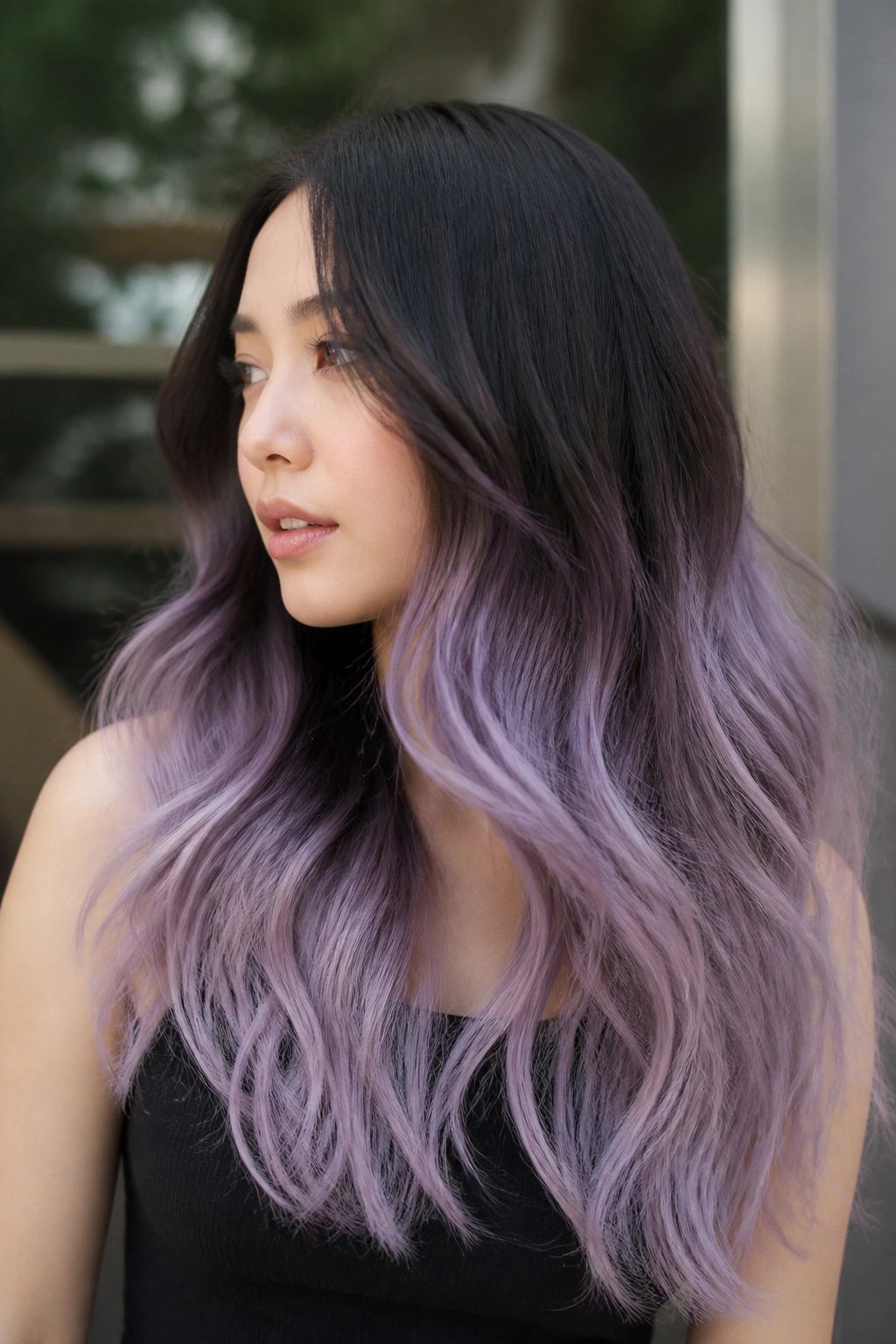 Real woman with smoky lilac ends on long hair