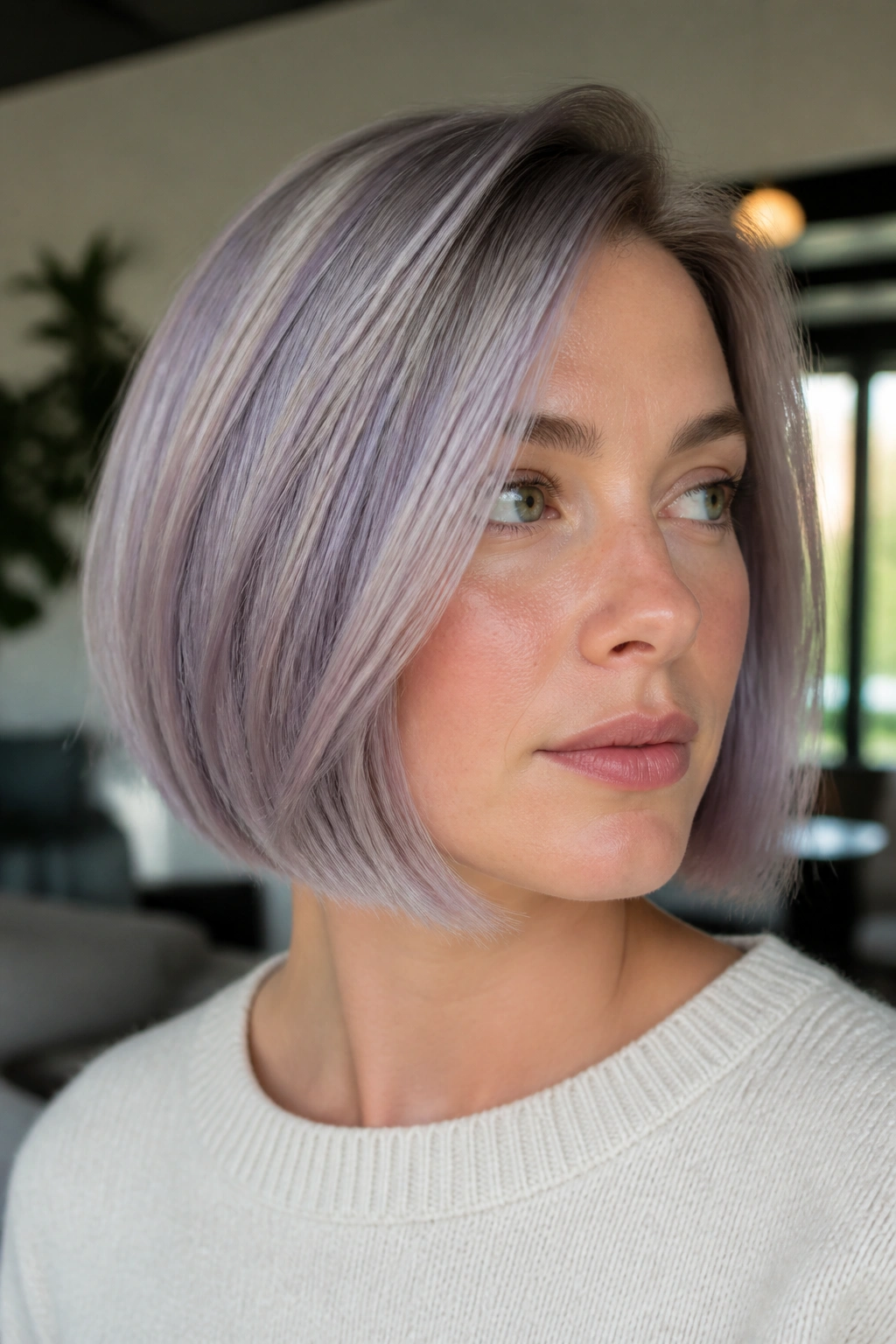 Close-up of a real woman with a smoky lilac grey bob in natural light
