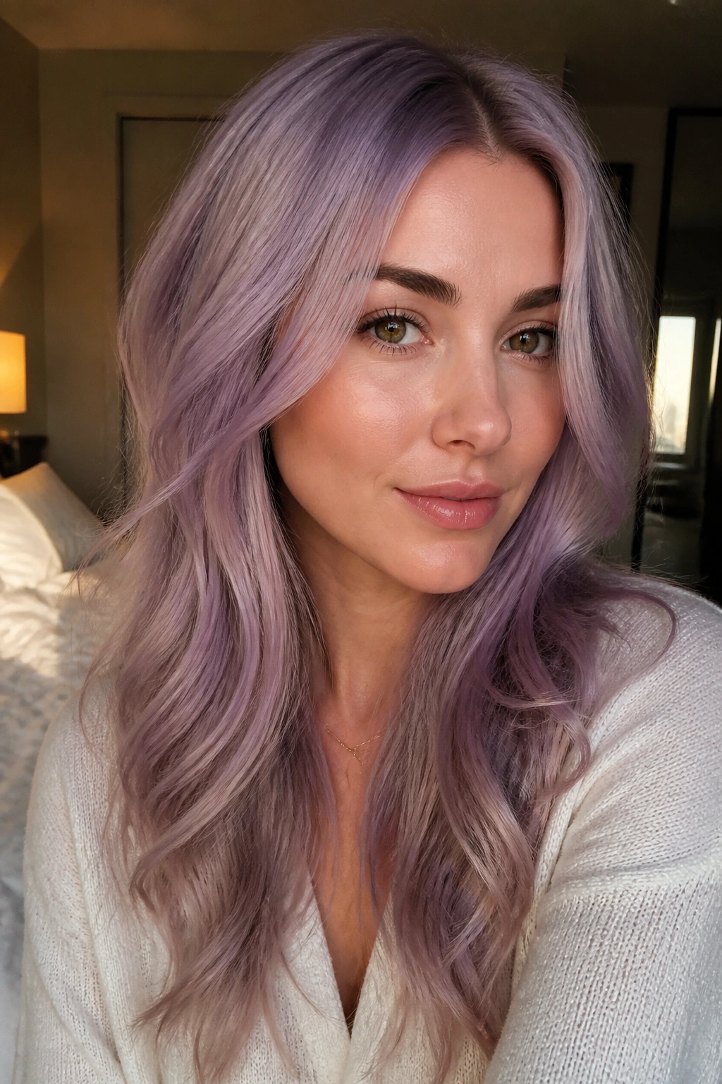 Close-up of a real woman with smoky lilac hair and soft waves by a warm window