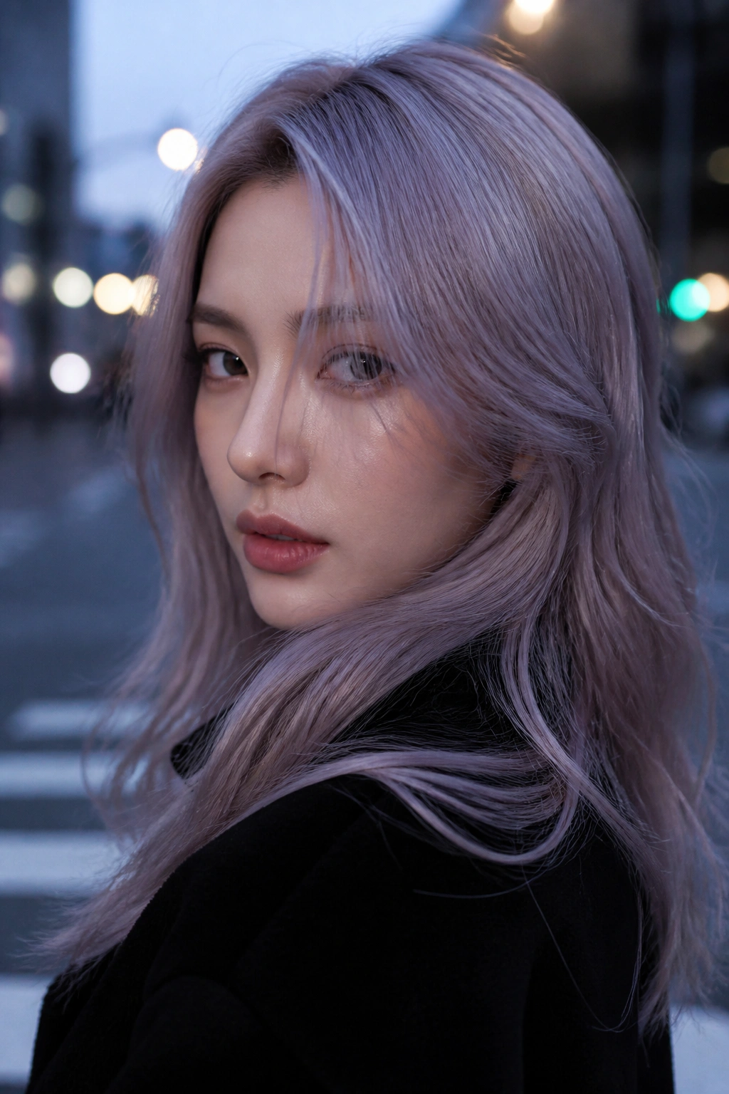 Close-up of a woman with smoky lilac hair in a dusk urban setting.