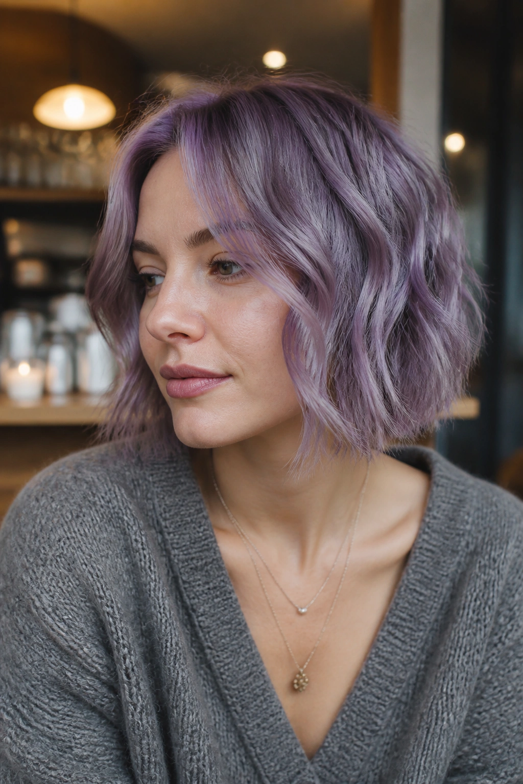Close-up of a real woman with smoky lilac short waves in cool-lit cafe