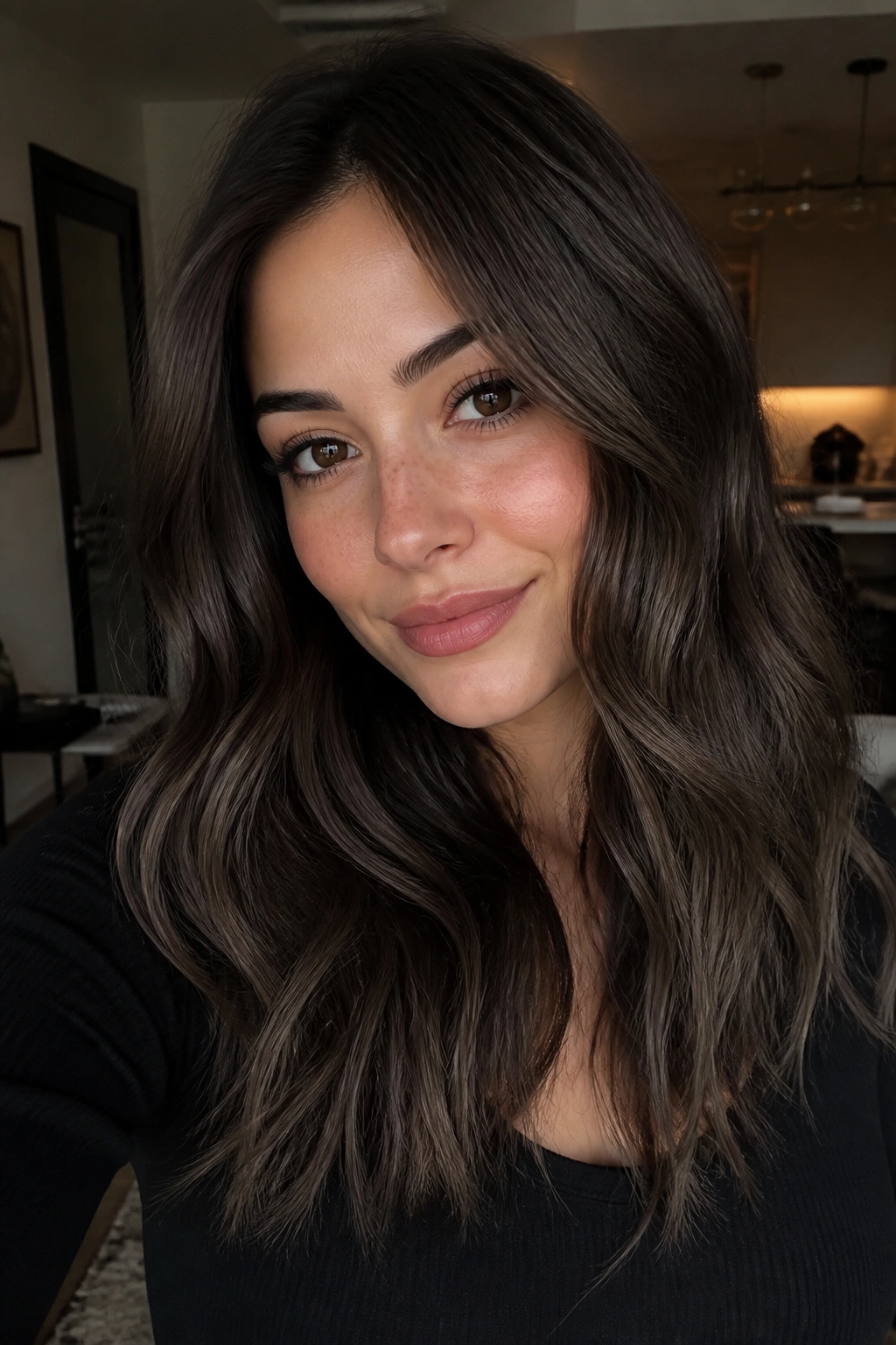 Close-up of a real woman with smoky mocha hair
