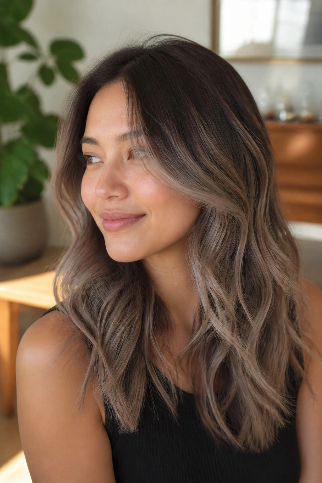 Close-up of a real woman with smoky mushroom silver balayage on medium brown hair