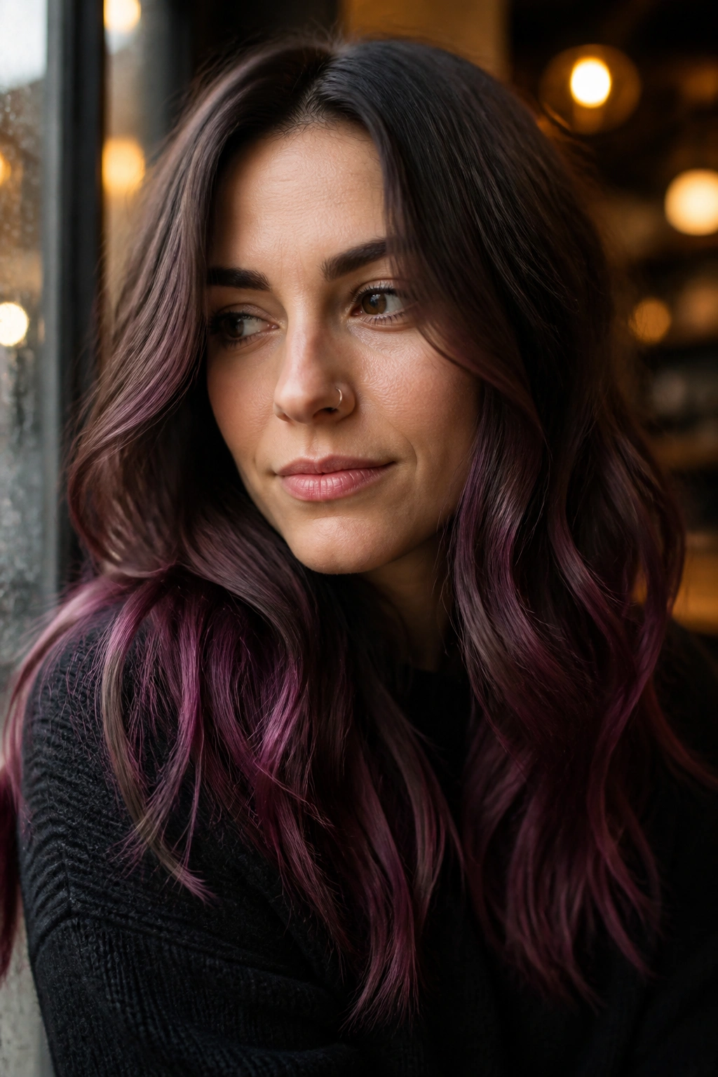 Close-up of a woman with smoky plum hair ends in warm cafe light