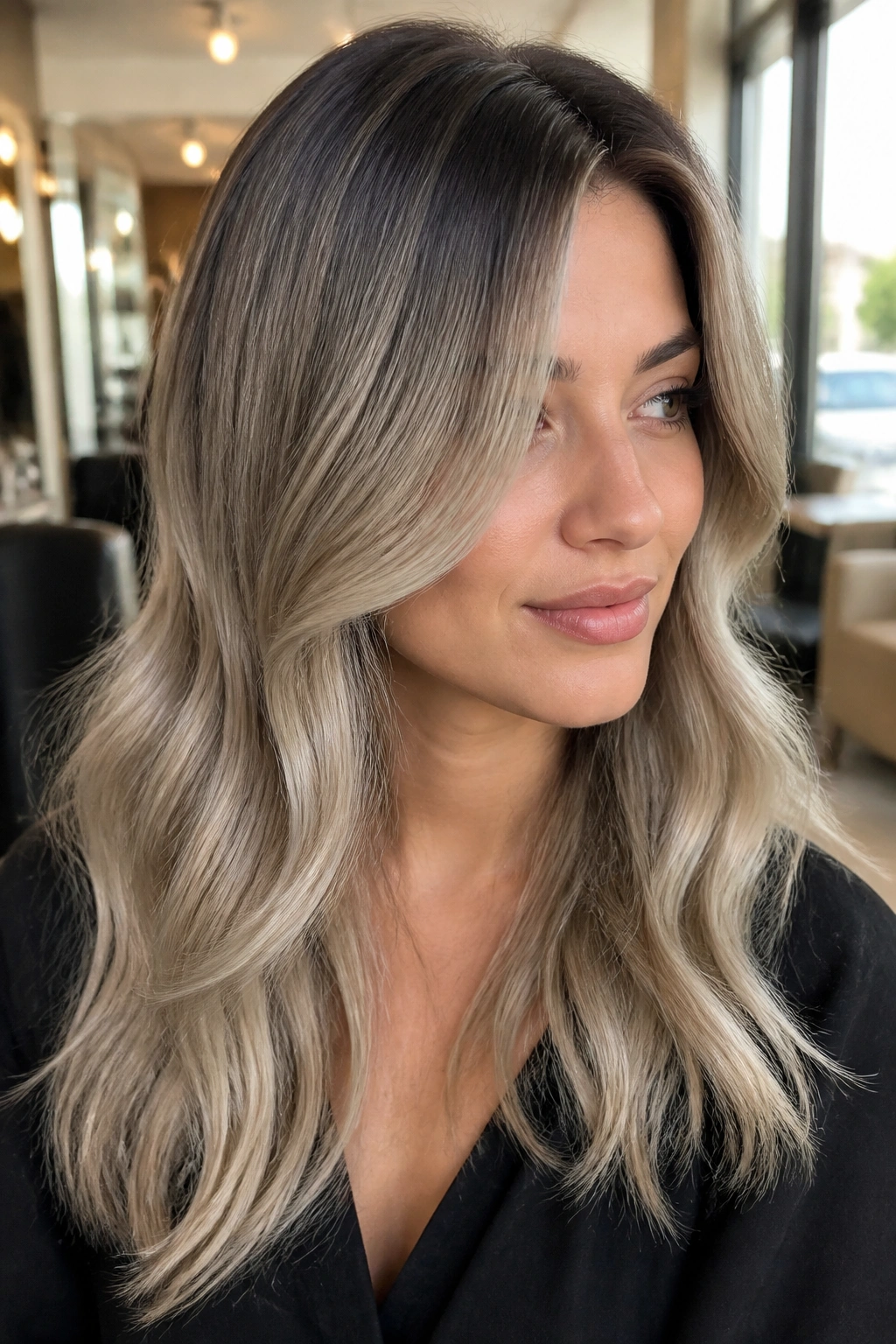 Close-up of a real woman with smoky root melt transitioning from darker roots to ash blonde midlengths