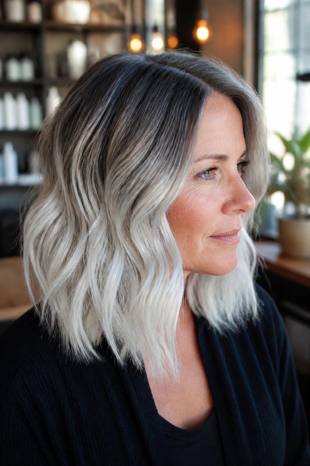 Close-up of a real woman with smoky root melt into white ends