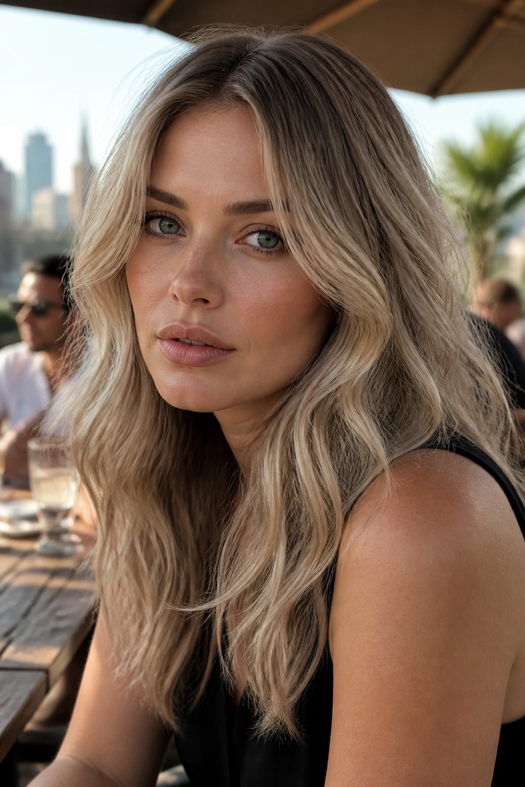 Portrait of a woman with smoky sandy blonde hair in outdoor warm light