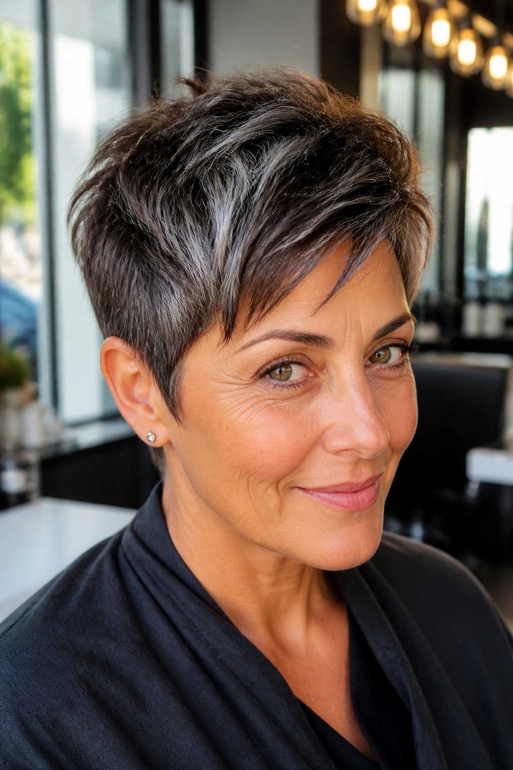 Close-up of a real person with a short haircut showing smoky silver accents on medium brown hair