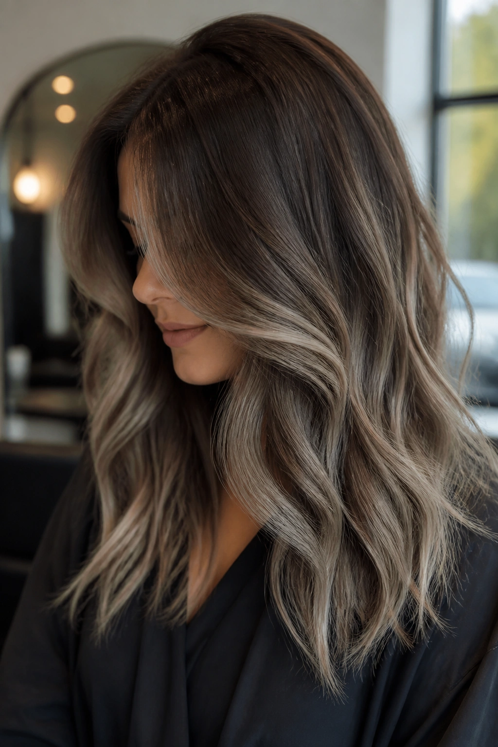 Shoulder-length chestnut brown hair with smoky silver balayage.