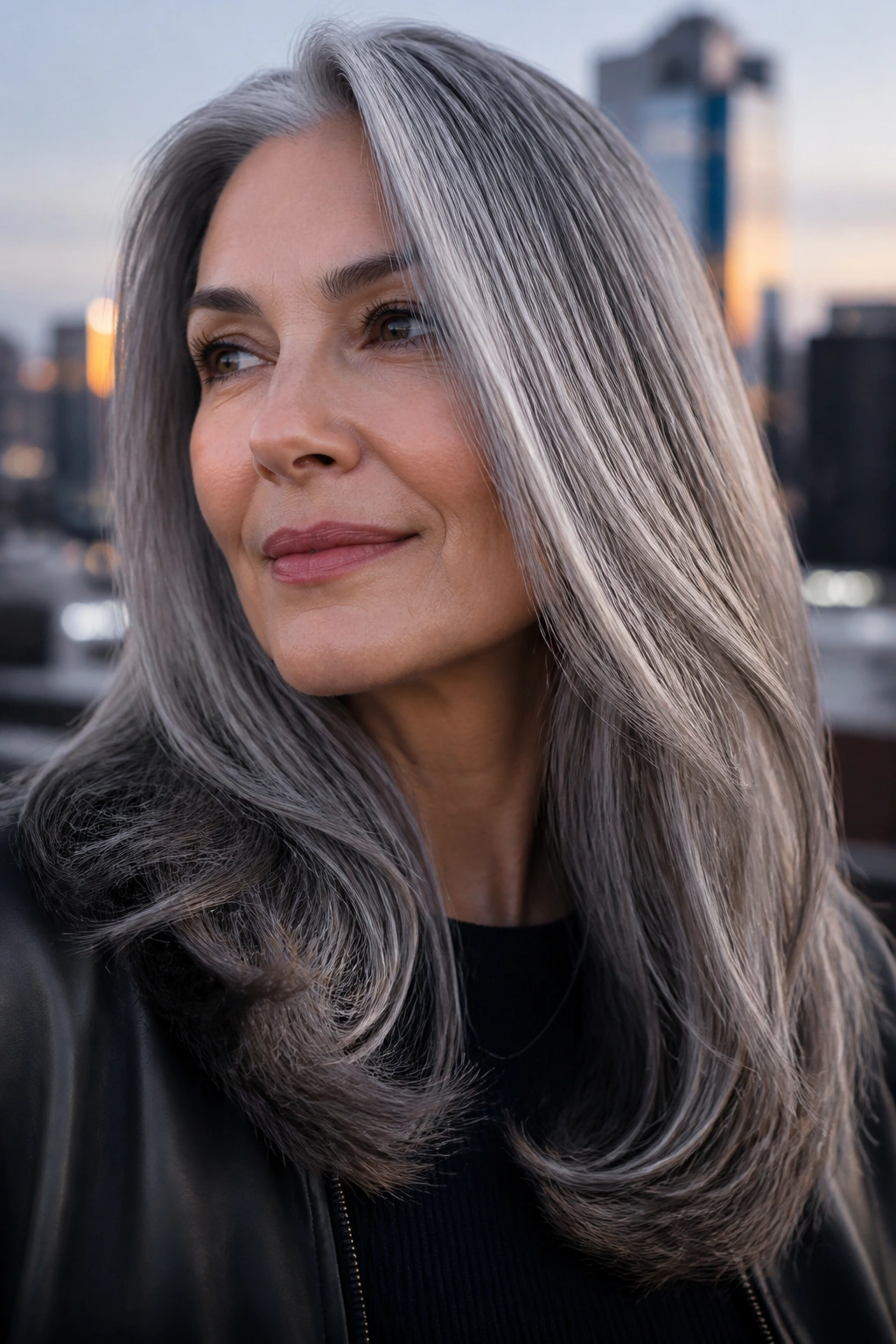 Close-up of a real person with smoky silver blend hair and graphite depth