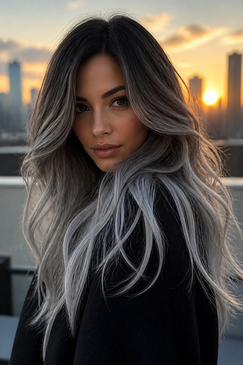 Close-up of a real woman's long hair in smoky silver and charcoal gradient on a rooftop at golden hour