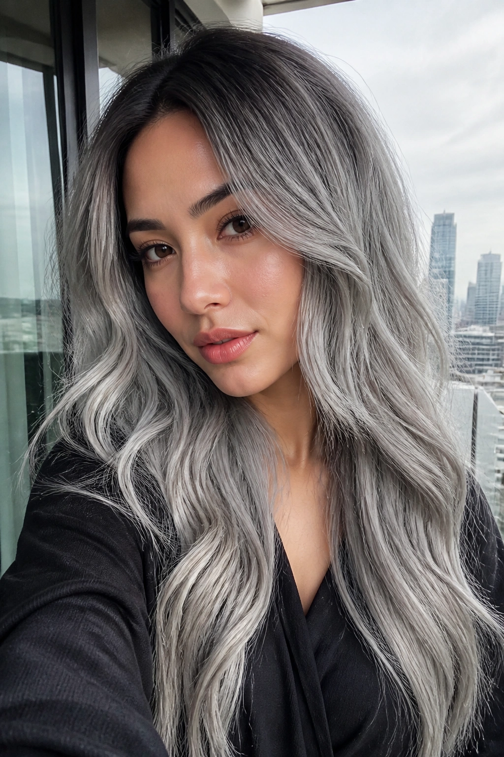 Close-up portrait of a real woman with smoky silver hair and charcoal roots