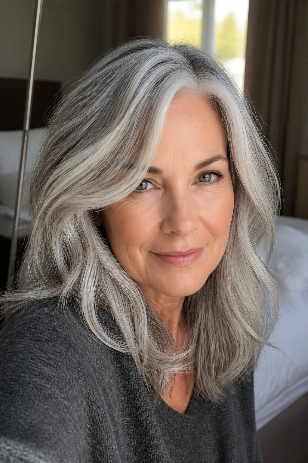 Close-up portrait of a real woman with smoky silver-white hair in a softly lit bedroom